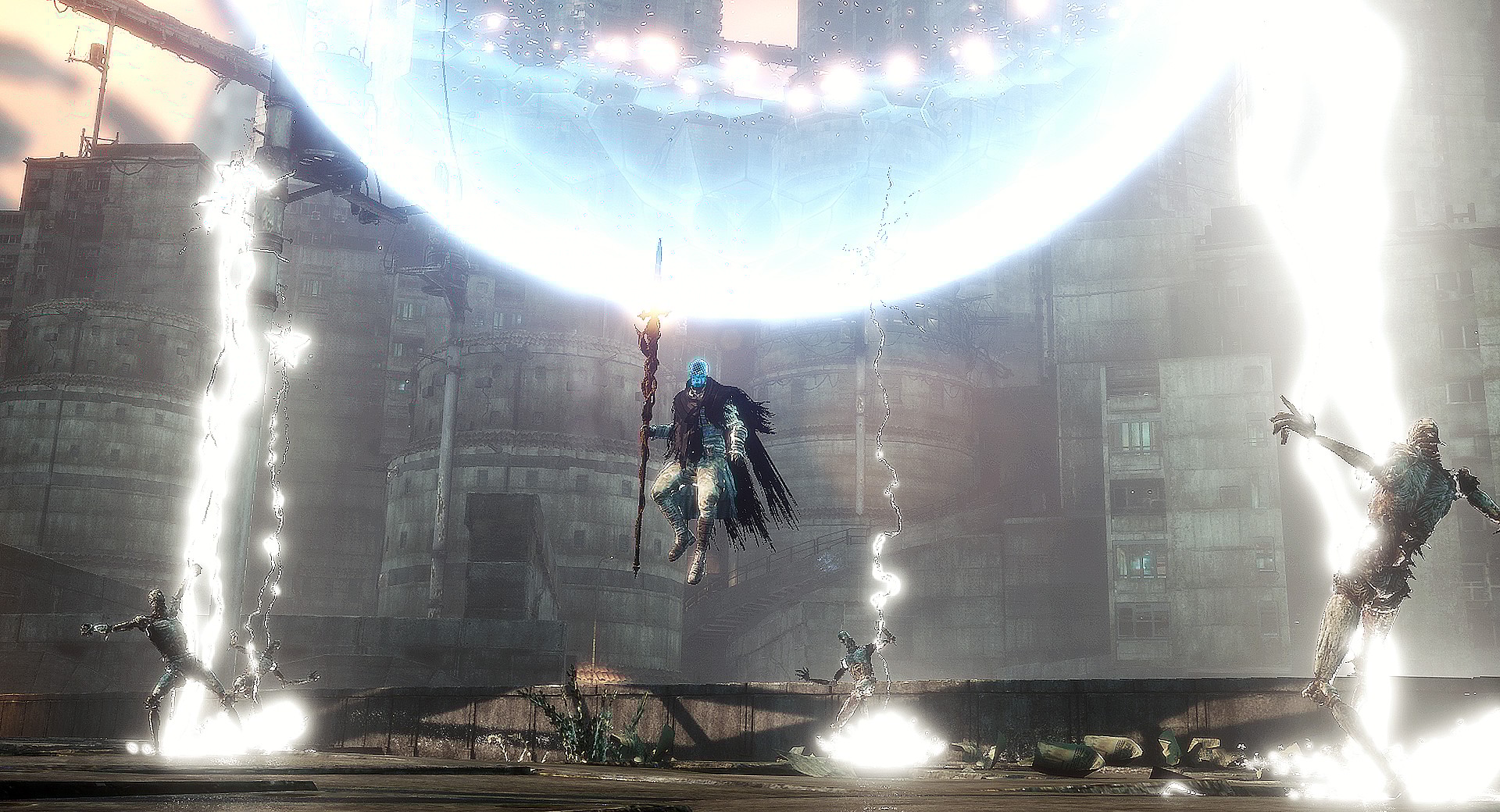 A wizard calls down terrible magics, striking down foes with lightning and summoning an orb high above via Bleak Faith: Forsaken (2023), Archangel Studios