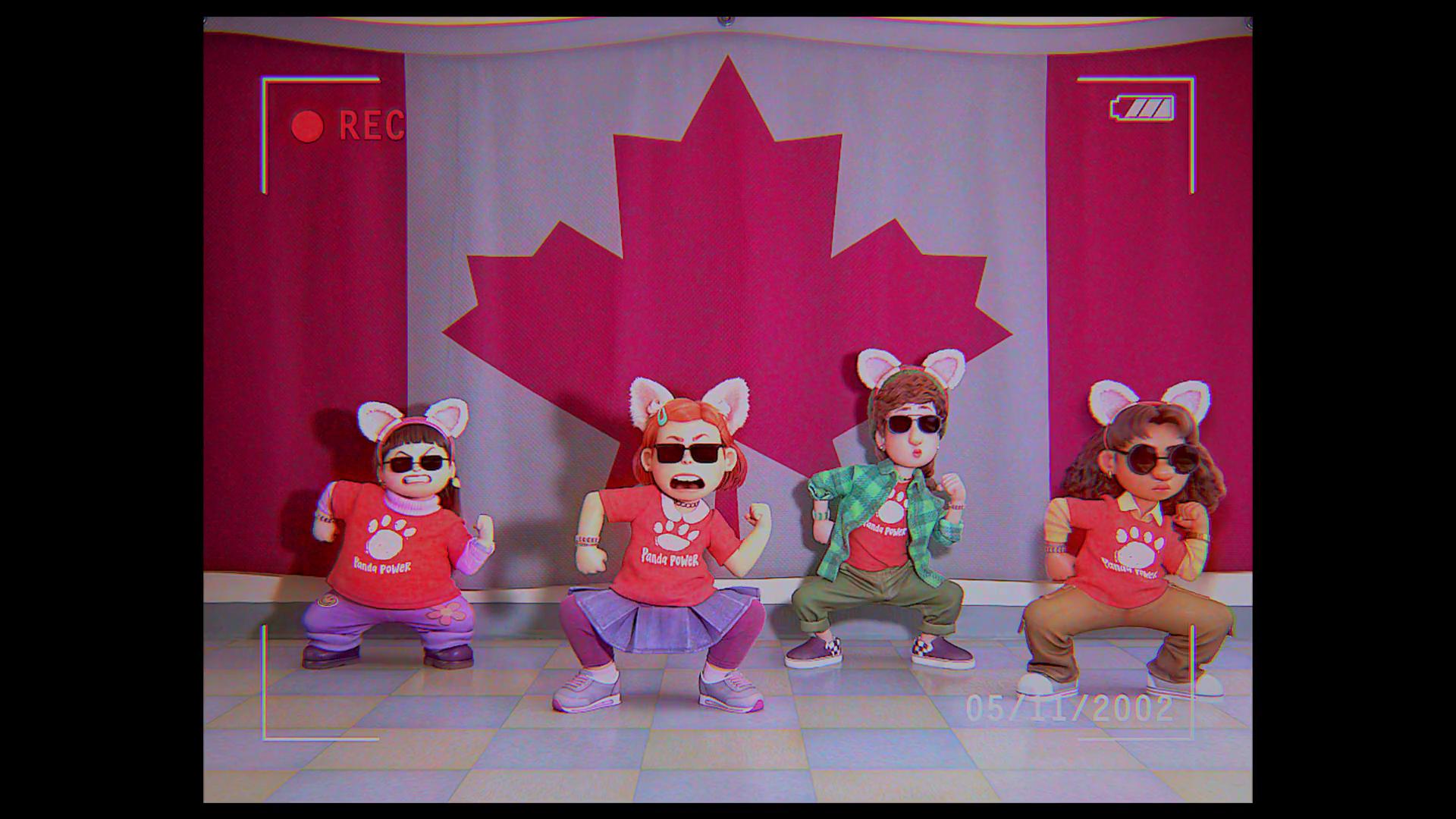 Mei Lee (Rosalie Chiang), Miriam (Ava Morse), Priya (Maitreyi Ramakrishnan), and Abby (Hyein Park) show off their dance moves in Turning Red (2022), Disney