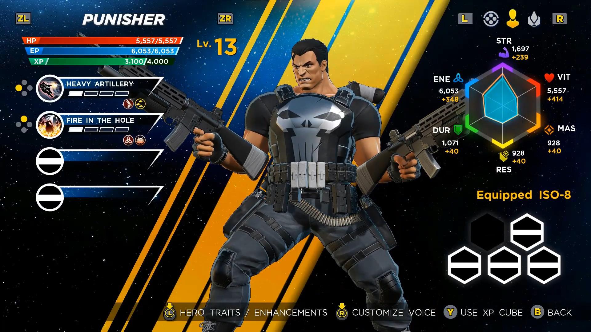 The Punisher's starting stats and moveset via Marvel Ultimate Alliance 3: The Black Order (2019), Team Ninja/Nintendo