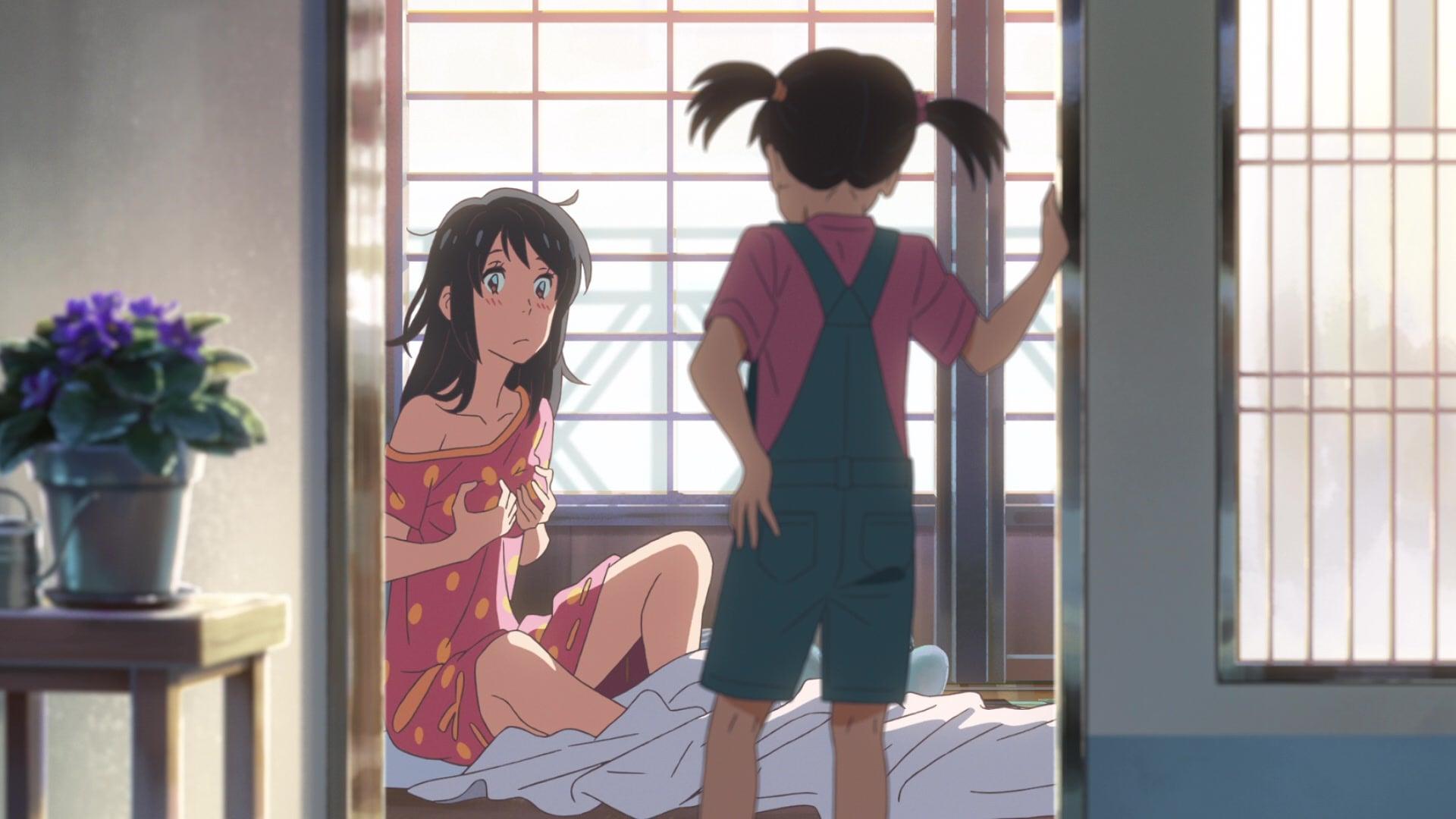 Yotsuha (Kanon Tani) walks in on a freshly body-swapped Taki (Ryunosuke Kamiki) for a third time in Your Name (2016), Toho via Blu-ray