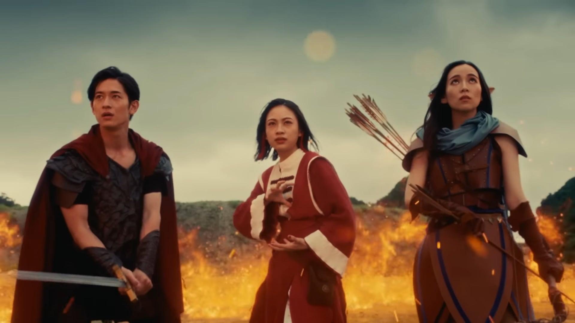 A trio of Japanese adventurers prepare to take on a dragon in a local Dungeons & Dragon commercial in Wizards Presents 2022 - Dungeons & Dragons | Magic: The Gathering via D&D Beyond YouTube