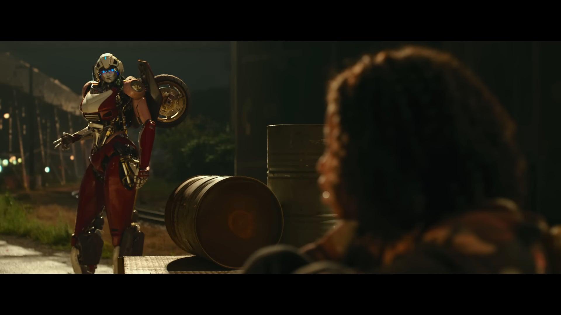 Arcee (Liza Koshy) gives a peace sign to Elena (Dominque Fishback) in Transformers: Rise of the Beasts (2023), Paramount Pictures via YouTube