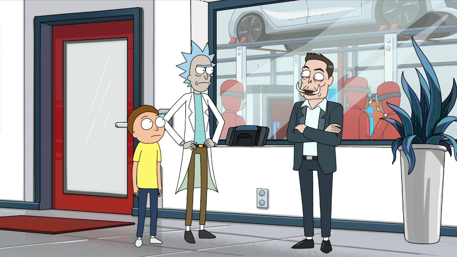 Rick and Morty (Justin Roiland) seek Elon Tusk's (Elon Musk) help in Rick and Morty Season 4 Episode 3 "One Crew Over the Crewcoo's Morty" (2019), Adult Swim