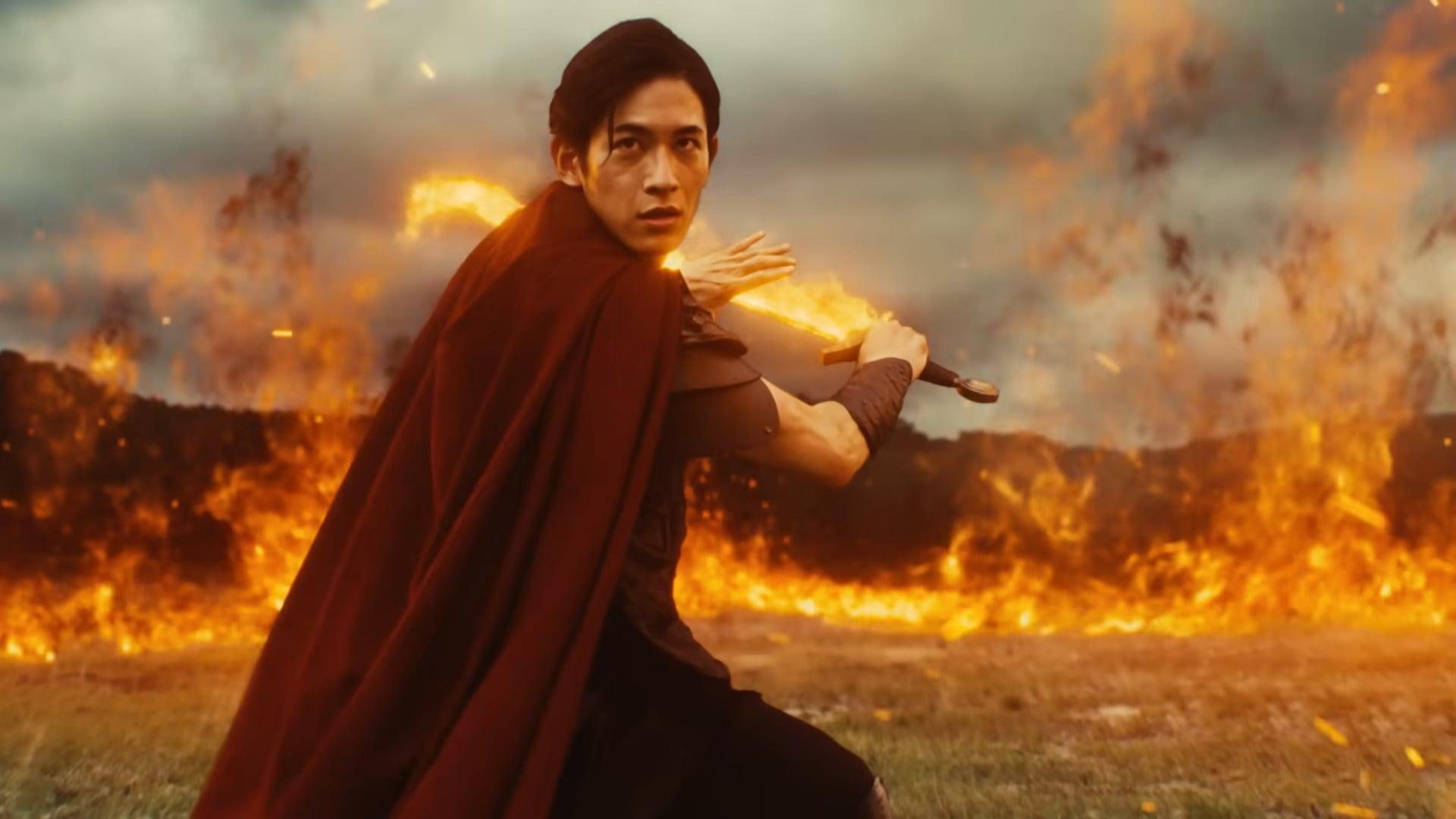 A player draws his flaming sword in a Japanese Dungeons & Dragon commercial presented during Wizards Presents 2022 - Dungeons & Dragons | Magic: The Gathering via D&D Beyond YouTube