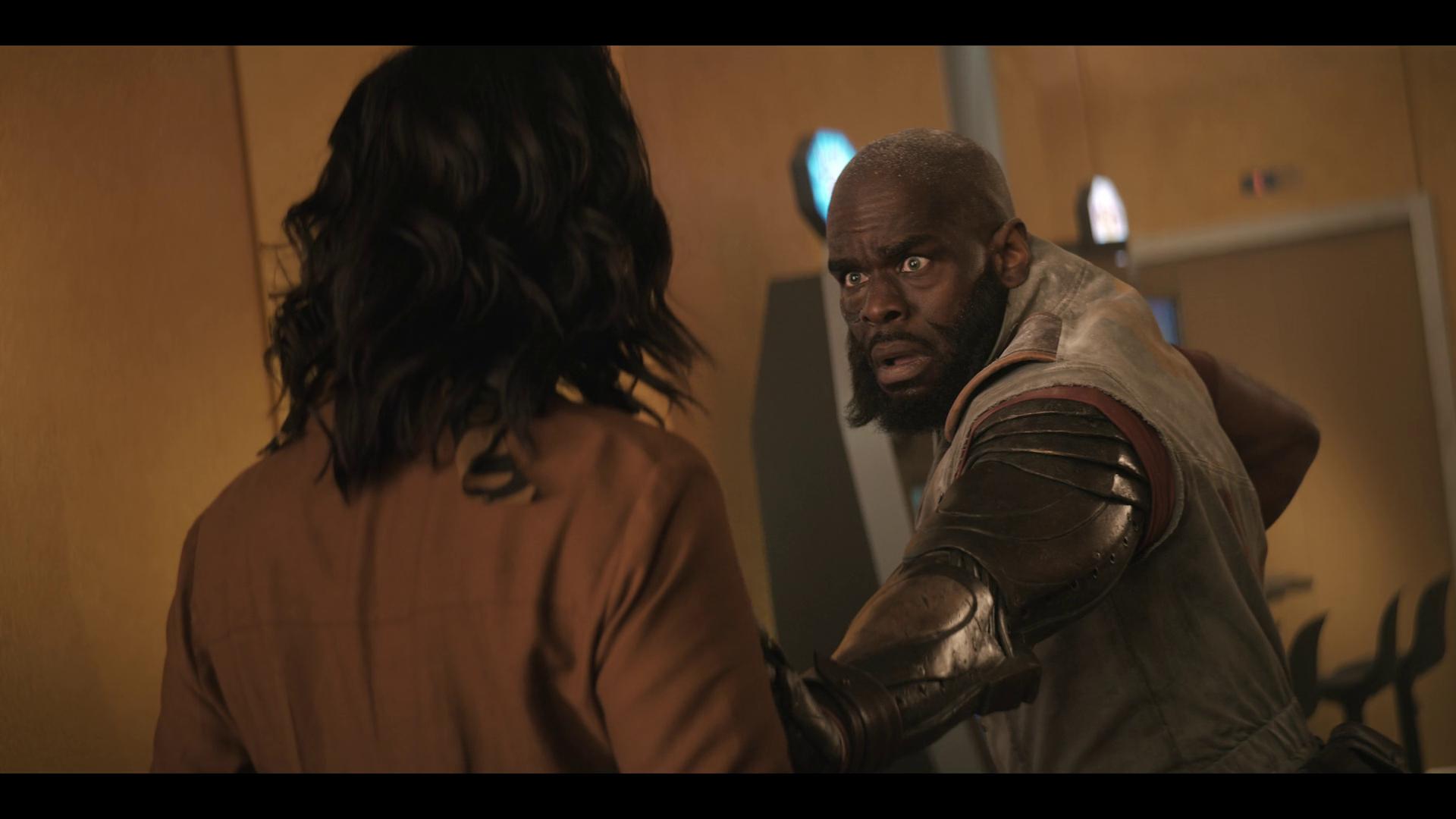 Jet Black (Mustafa Shakur) is shocked at his accidental groping of a bystander in Cowboy Bebop Season 1 Episode 1 "Cowboy Gospel" (2021), Netflix