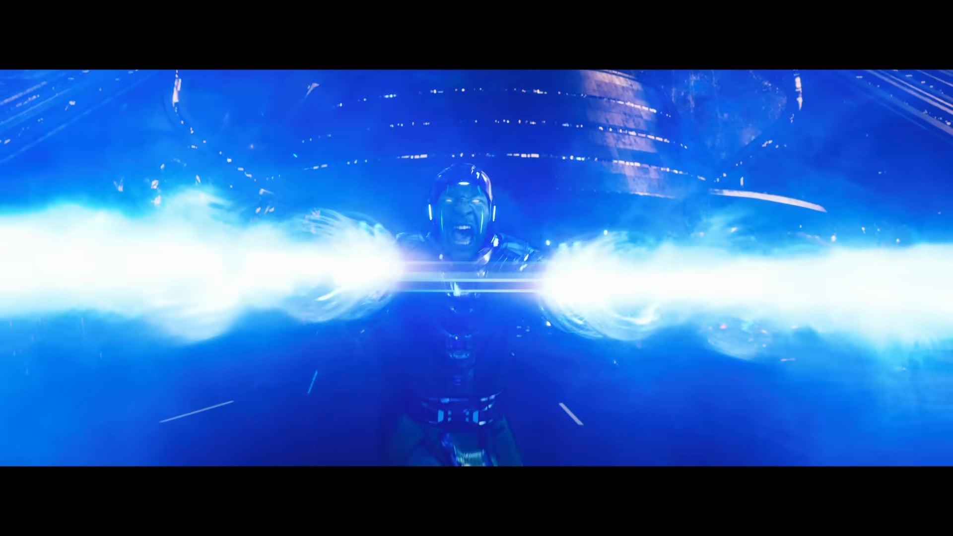 Kang the Conqueror (Jonathan Majors) unleashes his future-tech weaponry in Ant-Man and the Wasp: Quantumania (2023), Marvel Entertainment