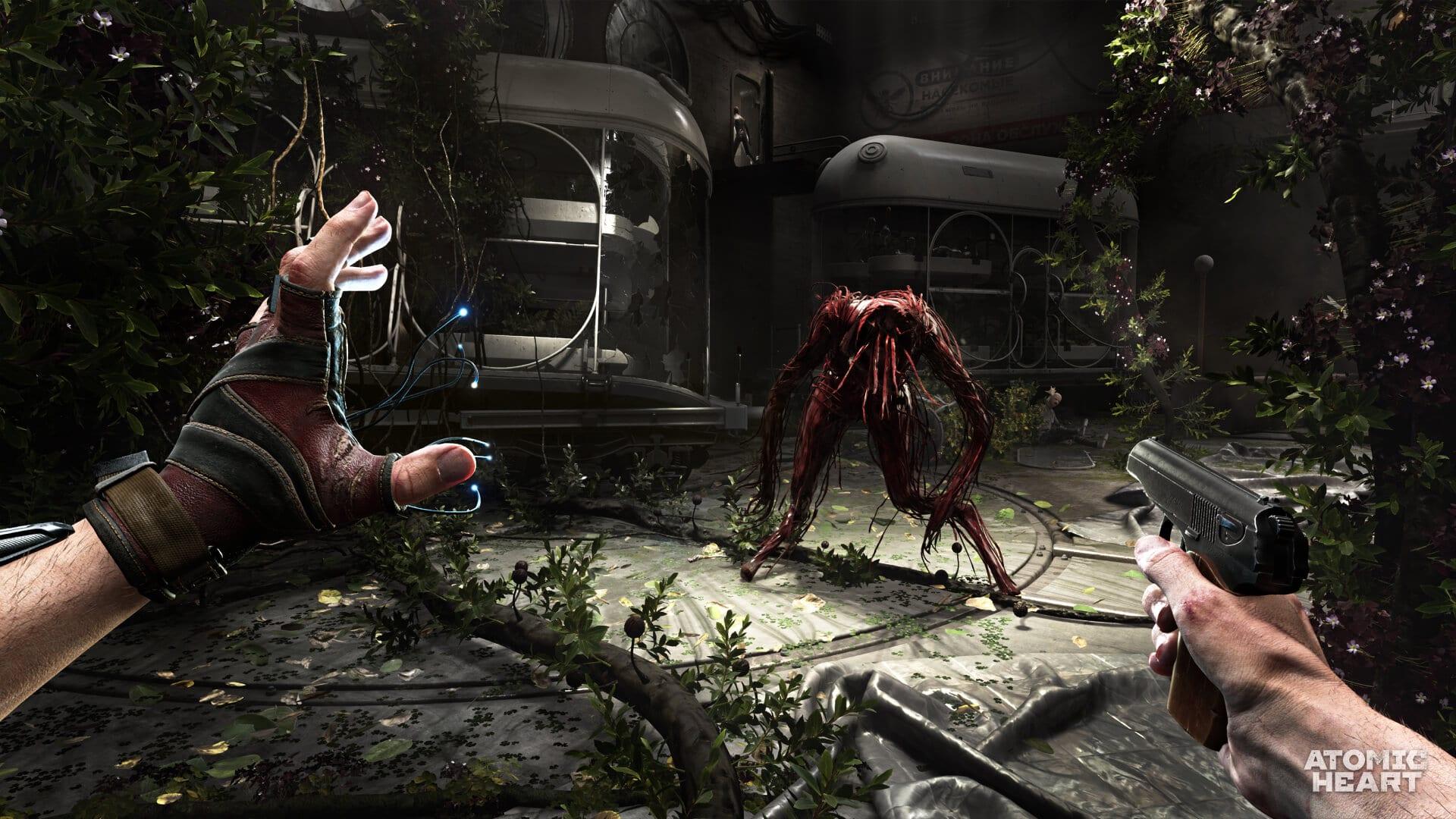 The player readies their pistol and Polymer Glove against a Plyusch via Atomic Heart (2023), Focus Entertainment