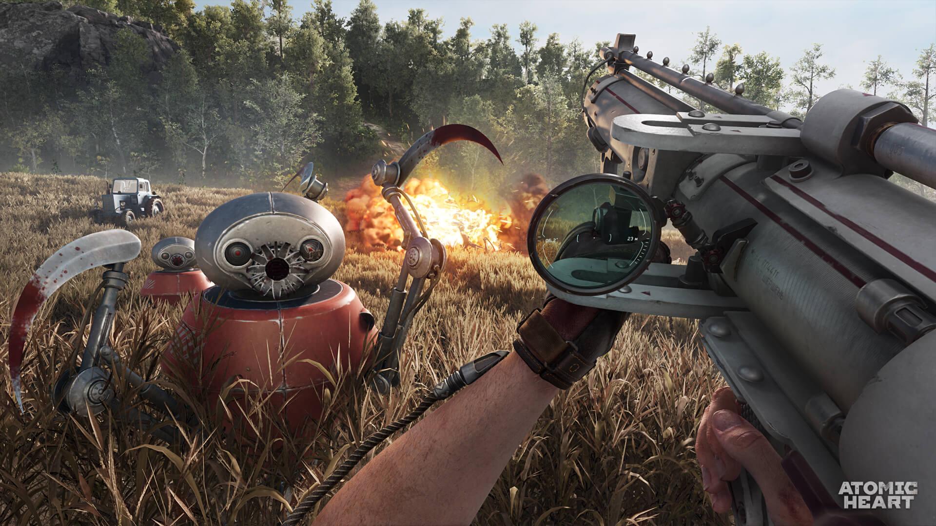 Rotorobots charge the player, as their Fat Boy narrowly misses via Atomic Heart (2023), Focus Entertainment