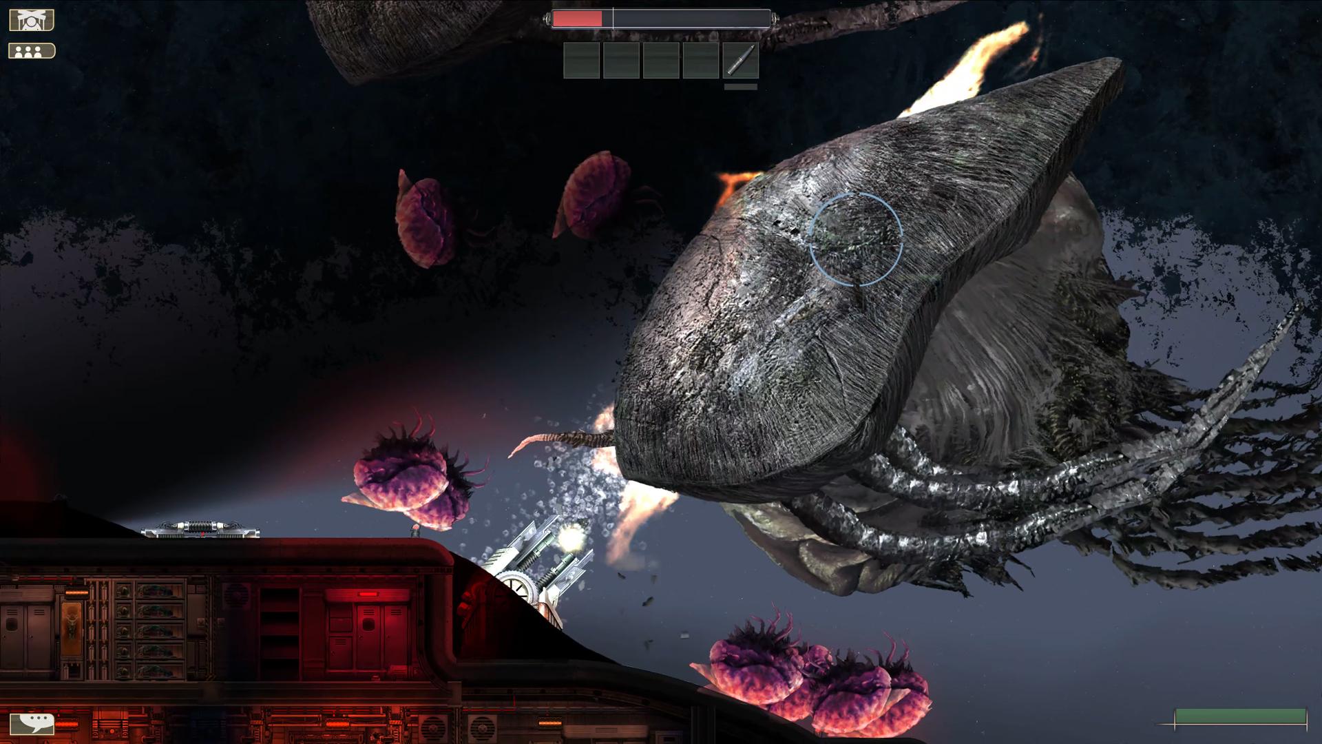 A submarine tries to defend itself from a Black Molock via Barotrauma (2019), Daedalic Entertainment