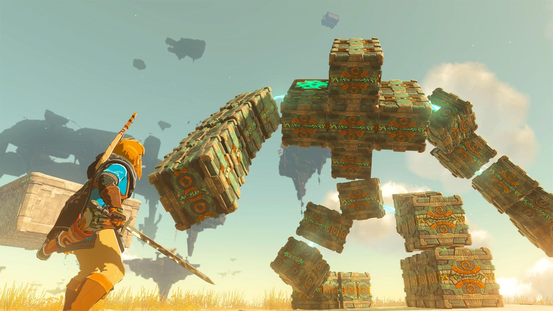 Link faces off against a giant made of stone blocks via The Legend of Zelda: Tears of the Kingdom (2023), Nintendo