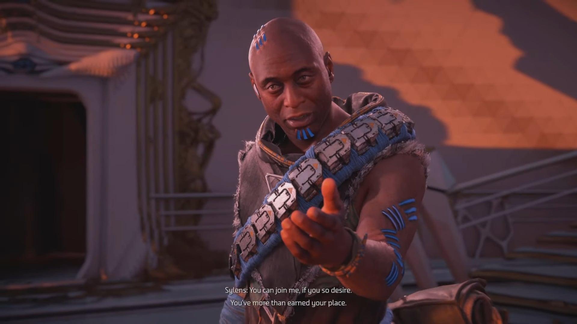 Sylens (Lance Reddick) offers Aloy (Ashly Burch) a position at his side in Horizon: Forbidden West (2022), Sony
