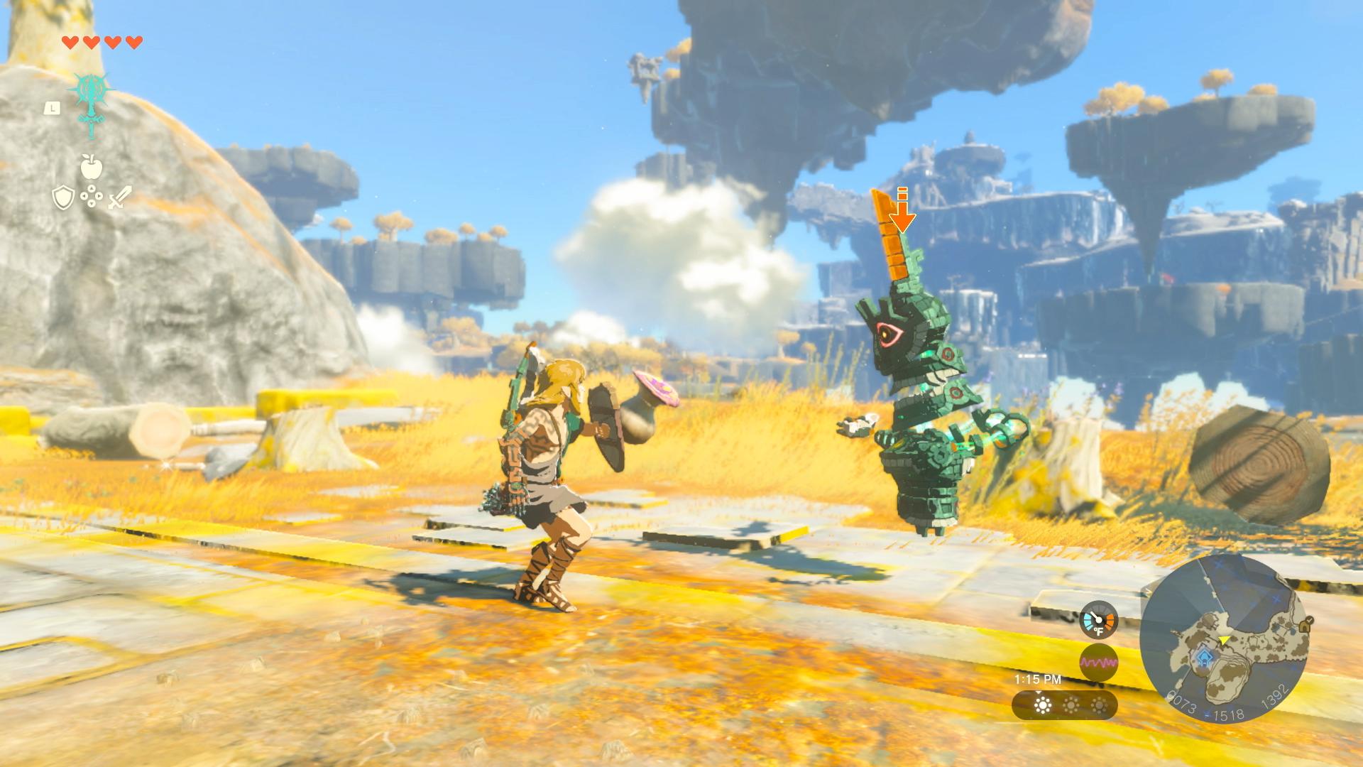 Link protects himself with a shield fused with a puffshroom via The Legend of Zelda: Tears of the Kingdom (2023), Nintendo