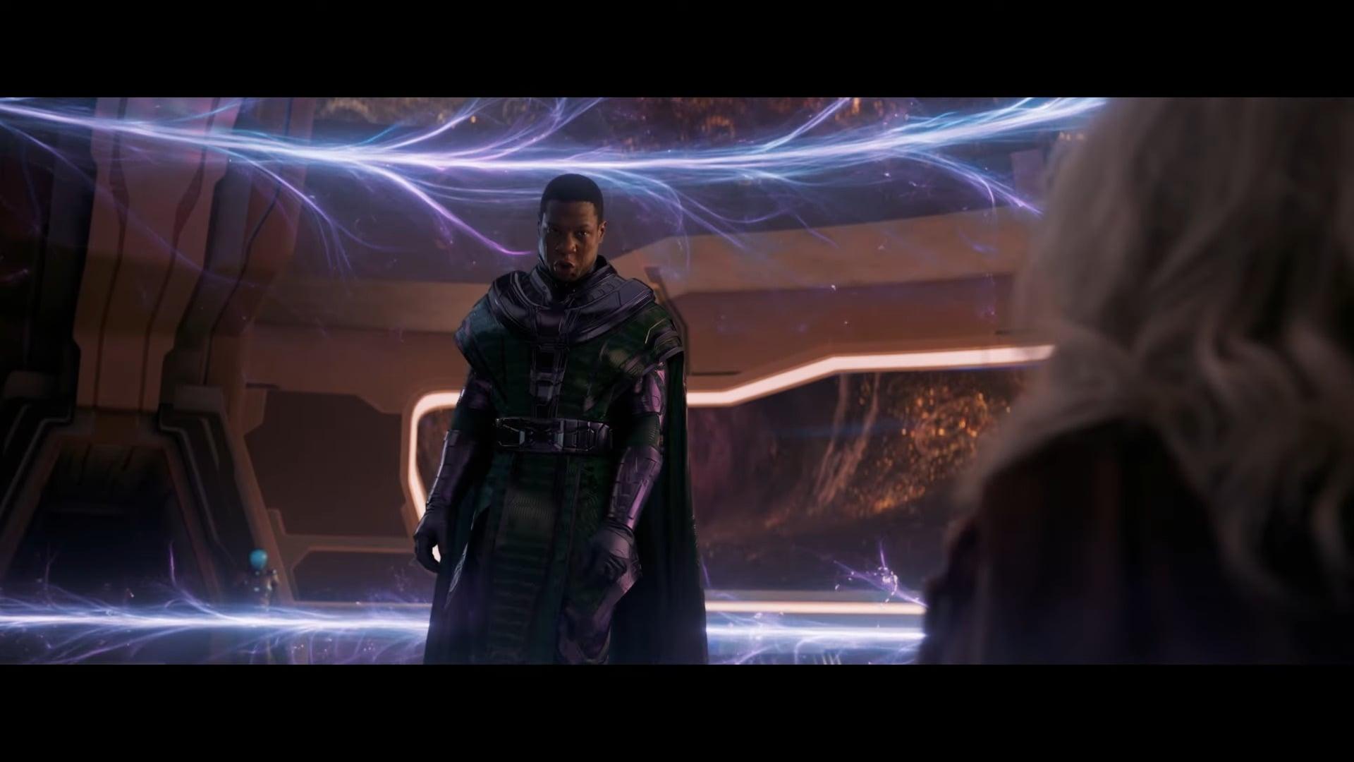 Kang the Conqueror (Jonathan Majors) has words for Janet Van Dyne (Michelle Pfeiffer) in Ant-Man and the Wasp Quantumania (2023), Marvel Entertainment