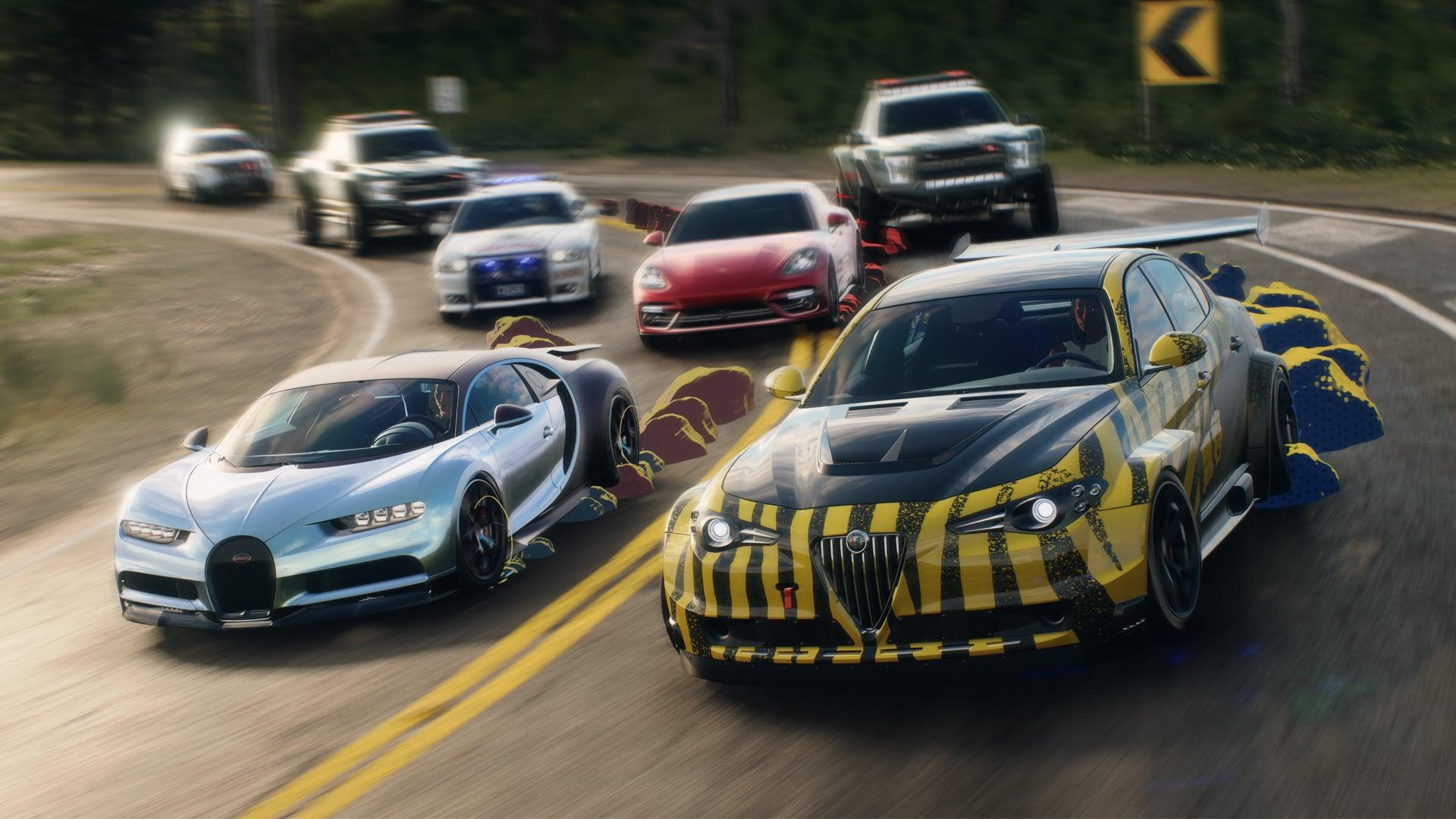 Cars speed away from police, leaving cartoon dust in their wake via Need for Speed Unbound (2022), Electronic Arts