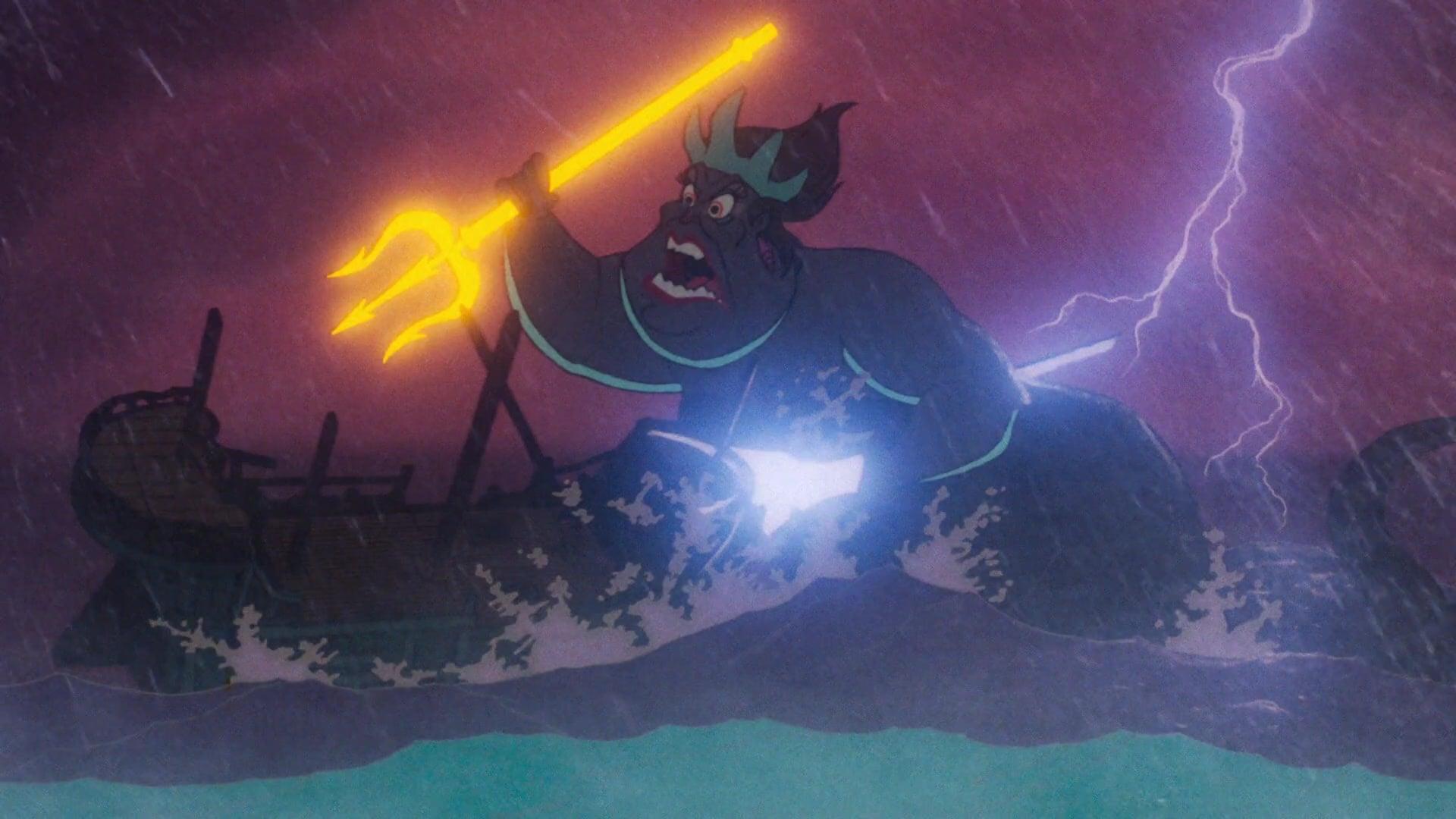 Ursula (Pat Carroll) meets her end after being speared by Prince Eric (Christopher Daniel Barnes) in The Little Mermaid (1989), Walt Disney Studios