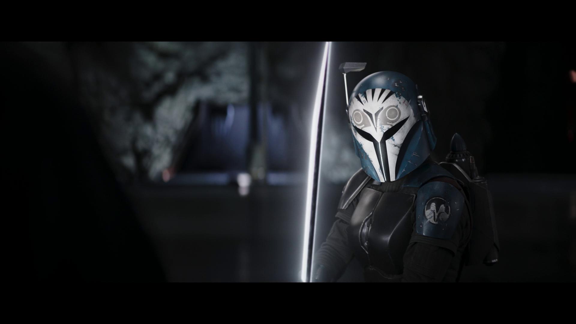 Bo-Katan (Katee Sackhoff) draws the Darksaber in The Mandalorian Season 3 Episode "Chapter 24 - The Return" (2023), Disney Plus