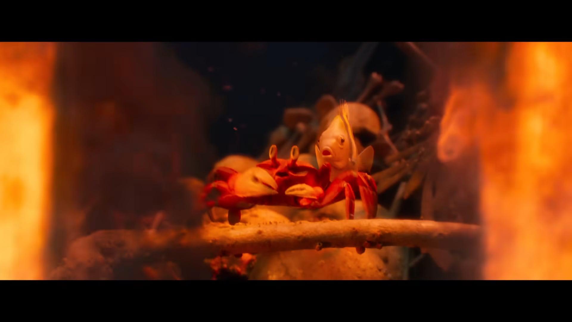 Sebastian (Daveed Diggs) and Flounder (Jacob Tremblay) watch on as Ariel (Halle Bailey) makes a deal in The Little Mermaid (2023), Disney