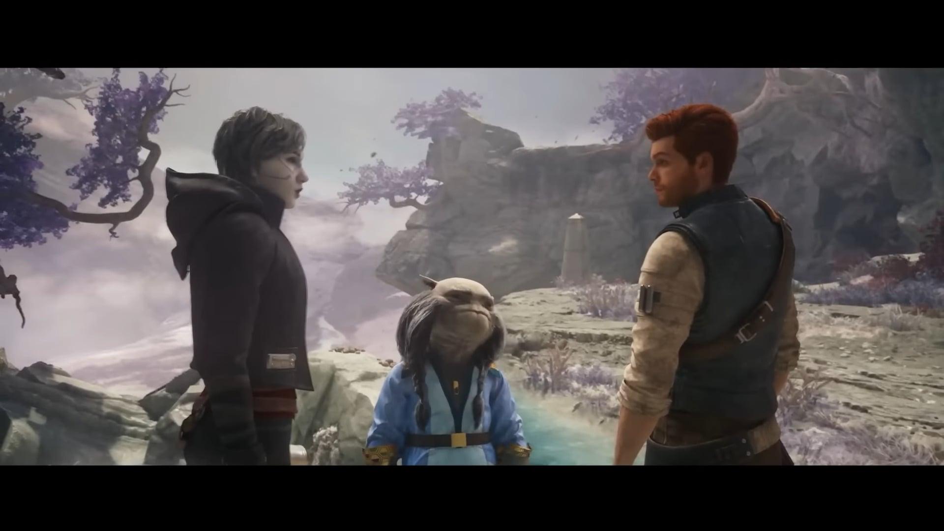 Cal Kestis (Cameron Monaghan), Nightsister Merrin (Tina Ivlev), and Greez Dritus (Daniel Roebuck) steel themselves for the future in Star Wars Jedi: Survivor (2023), Respawn