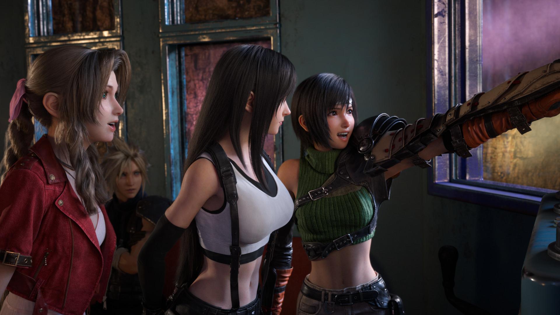 Yuffie (Yumi Kakazu) shares her excitement about the Golden Saucer with Tifa (Ayumi Ito) and Aerith (Maaya Sakamoto) in Final Fantasy VII Rebirth (2023), Square Enix