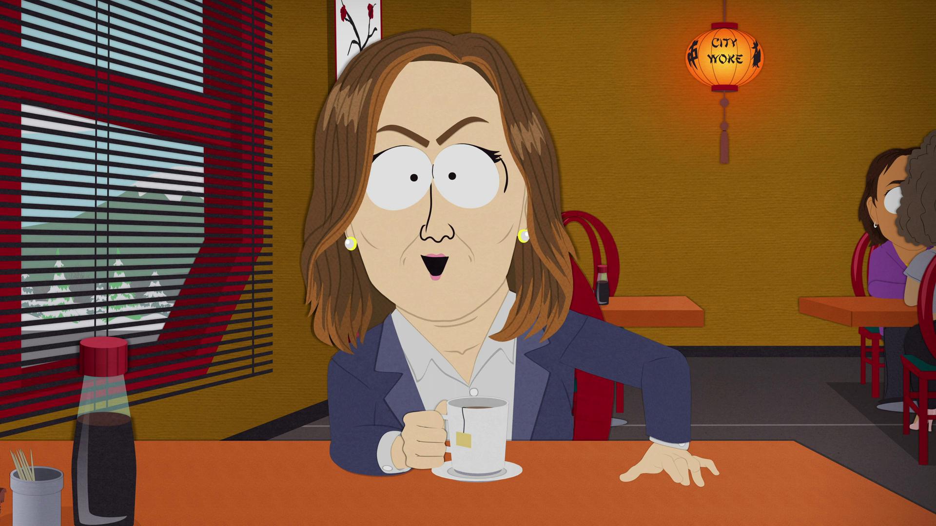 Kathleen Kennedy (Kimberly Brooks) realizes the truth behind her hate mail in South Park: Joining the Panderverse (2023), Paramount