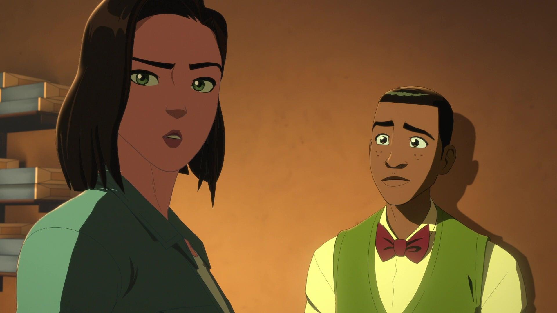 Lois Lane (Laura Bailey) goes to Jimmy Olsen (Zeno Robinson) for help in Batman and Superman: Battle of the Super Sons (2022), Warner Bros. Animation