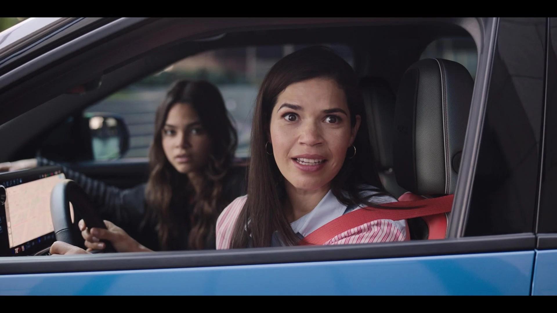Gloria (America Ferrera) and Sasha (Ariana Greenblatt) arrive to rescue Barbie (Margot Robbie) from Mattel's executives in Barbie (2023), Warner Bros. Pictures