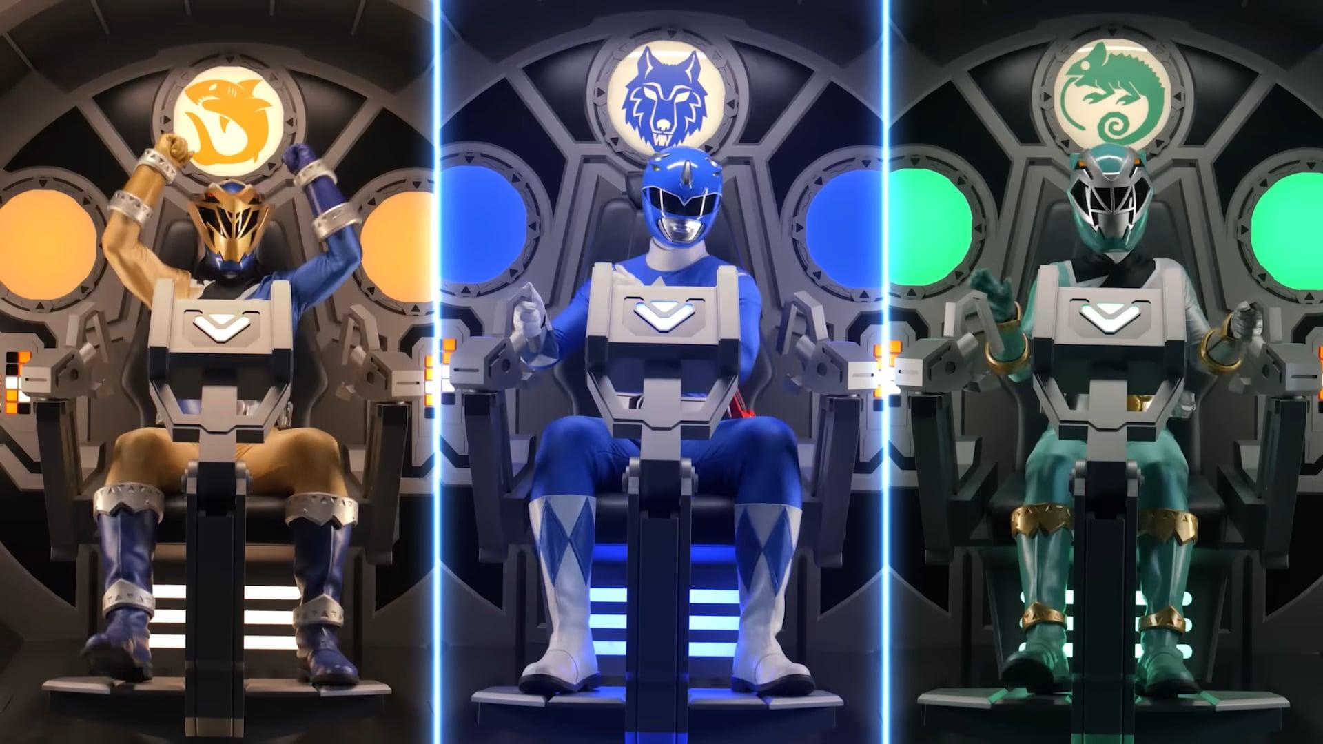 Aiyon (Jordan Fite), Billy (David Yost), and Izzy (Tessa Rao) step behind the wheel of the Cosmic Fury Megazord for the first time in Power Rangers Cosmic Fury Season 1 Episode 1 "Lightning Strikes" (2023), Netflix