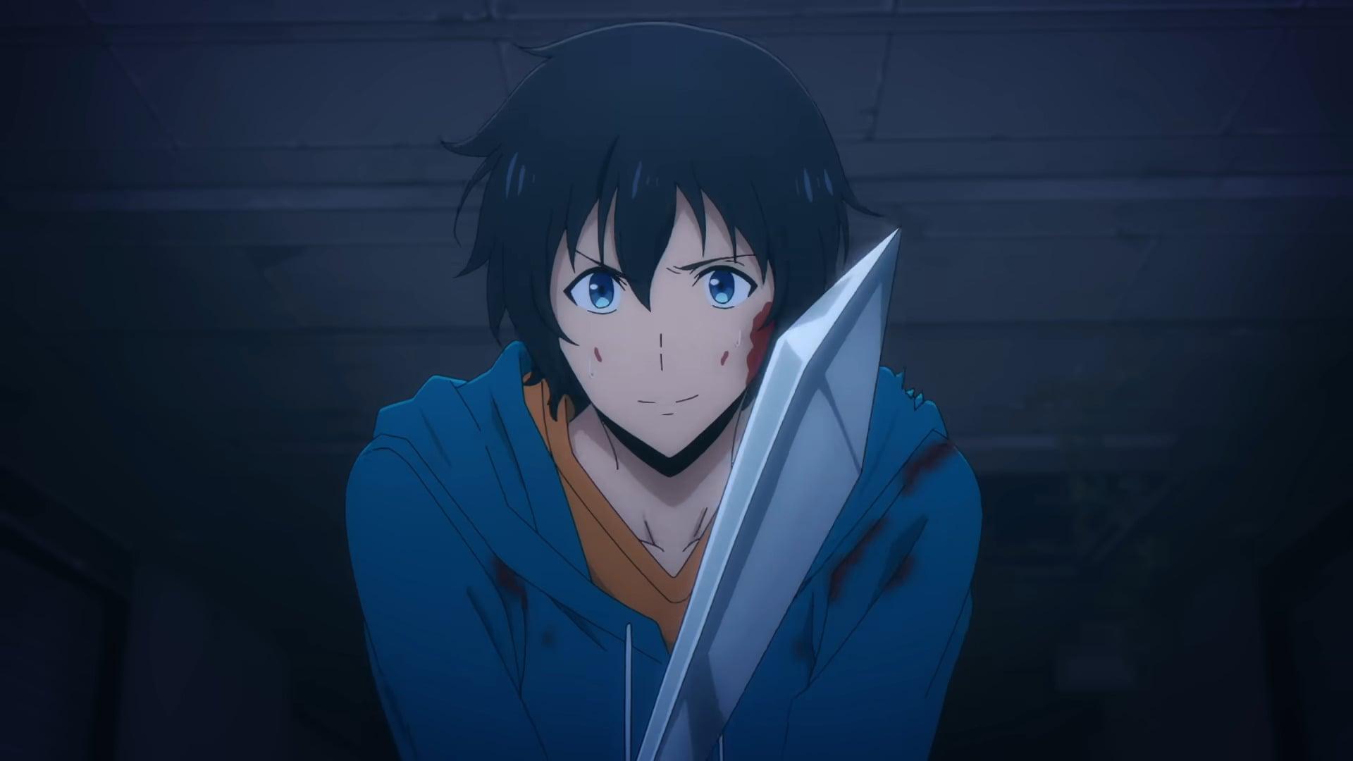A pre-power-up Sung Jinwoo (TBA) draws his blade in Solo Leveling (2024), Aniplex