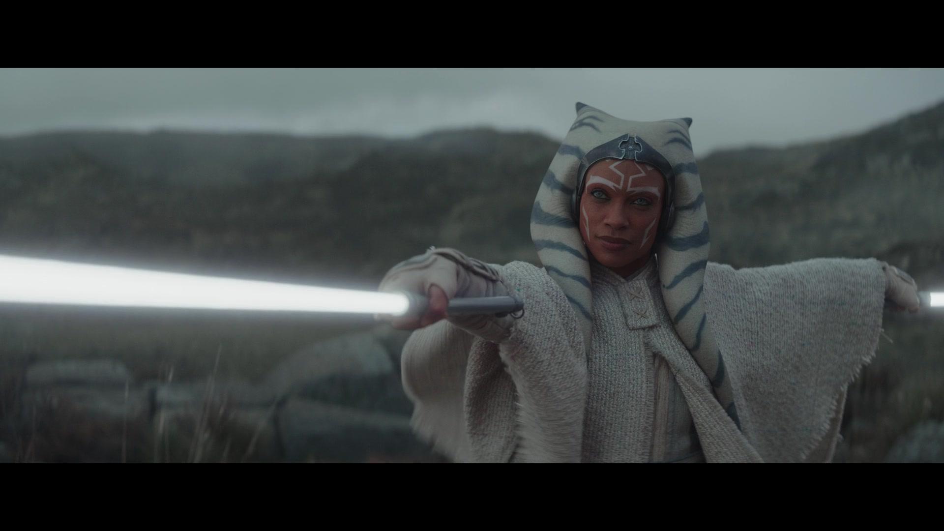 Ahsoka Tano (Rosario Dawson) draws her lightsabers on Baylan Skoll (Ray Stevenson) in Ahsoka Season 1 Episode 7 "Part Seven: Dreams and Madness" (2023), Disney