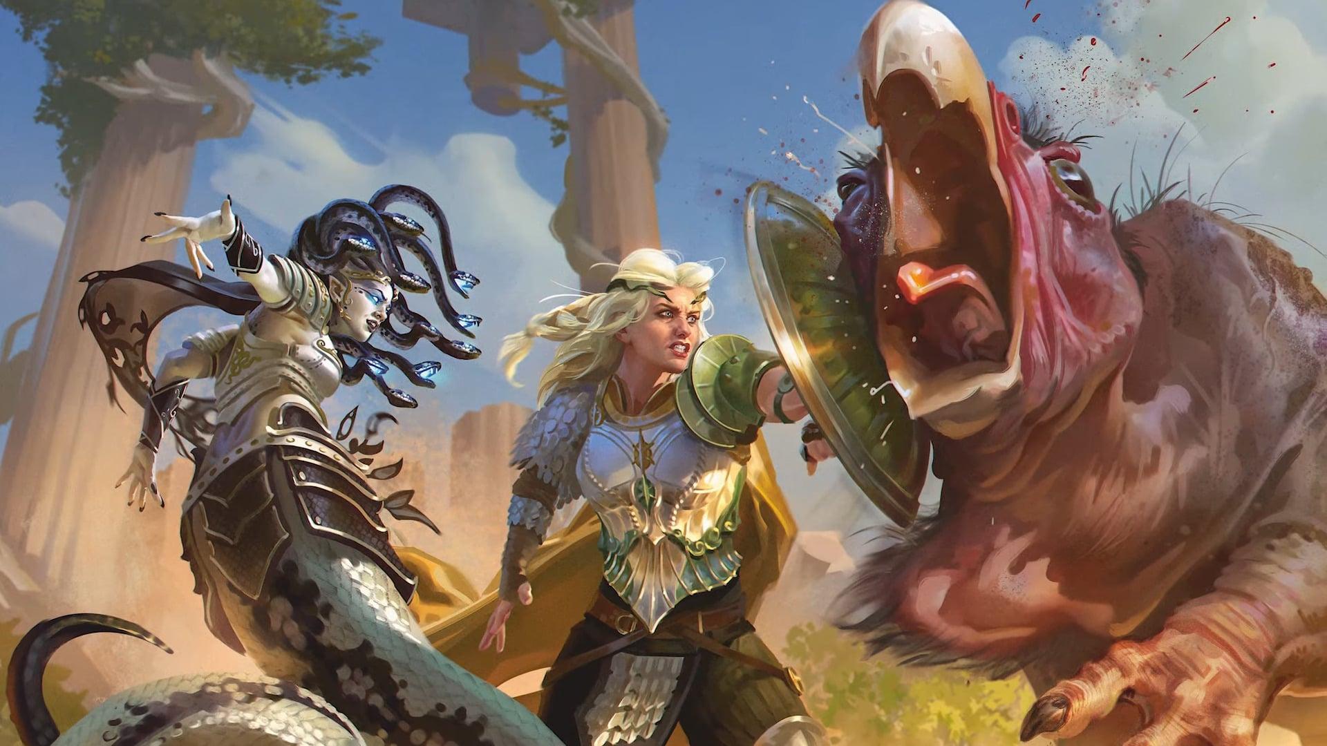 Uriel shields Asteria from a baby Cockatrice in The Deck of Many Things (2024), Wizards of the Coast