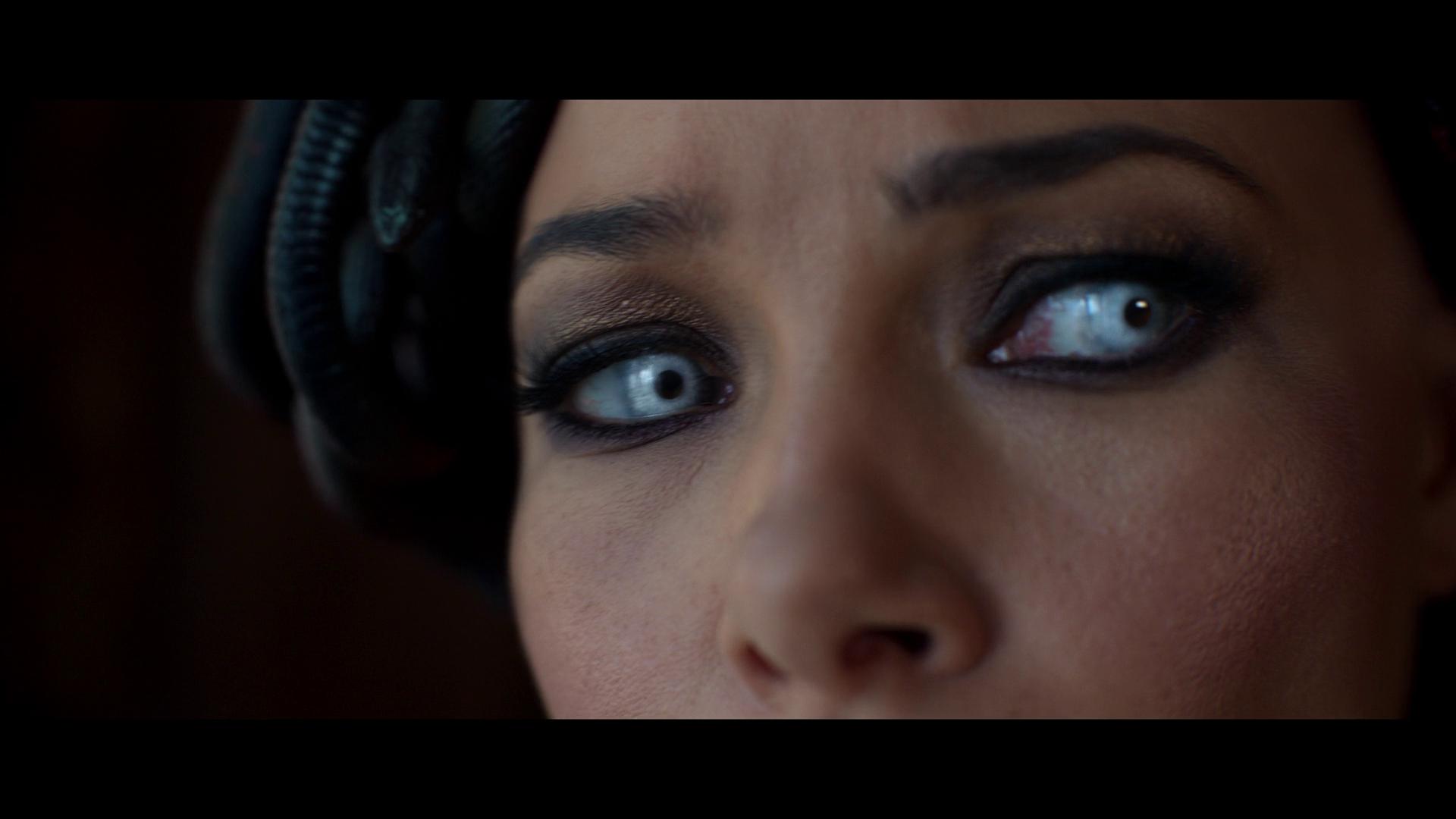 Medusa (Jessica Parker Kennedy) attempts to cast her gaze upon Percy Jackson (Walker Scobell) in Percy Jackson and The Olympians Season 1 Episode 3 "We Visit the Garden Gnome Emporium" (2023), Disney Plus