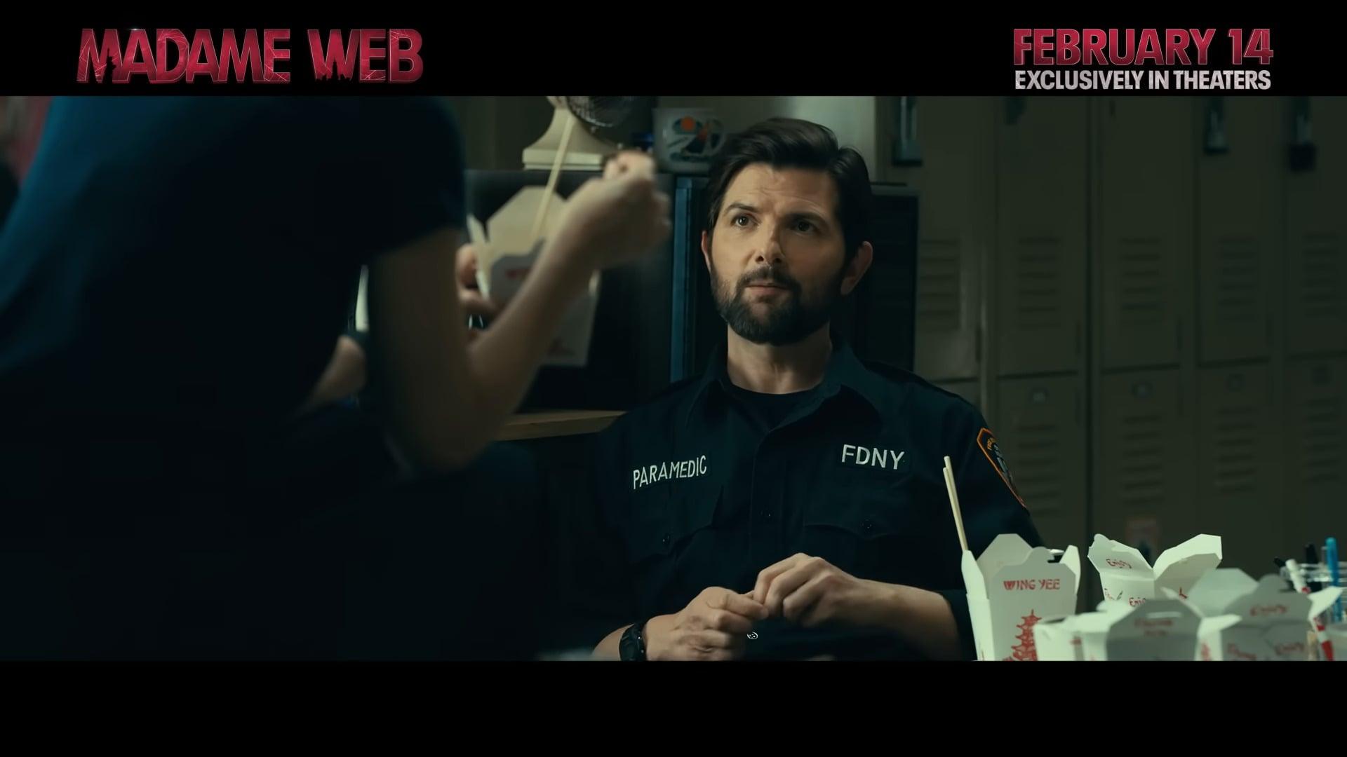 A supposed Uncle Ben (Adam Scott) and Cassie (Dakota Johnson) take their lunch break in Madame Web (2024), Sony