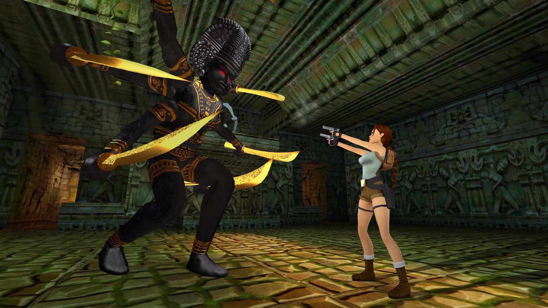 Lara Croft brings a gun to a sword fight against a Shiva Statue in Tomb Raider III: Adventures of Lara Croft Remastered (2023), Crystal Dynamics