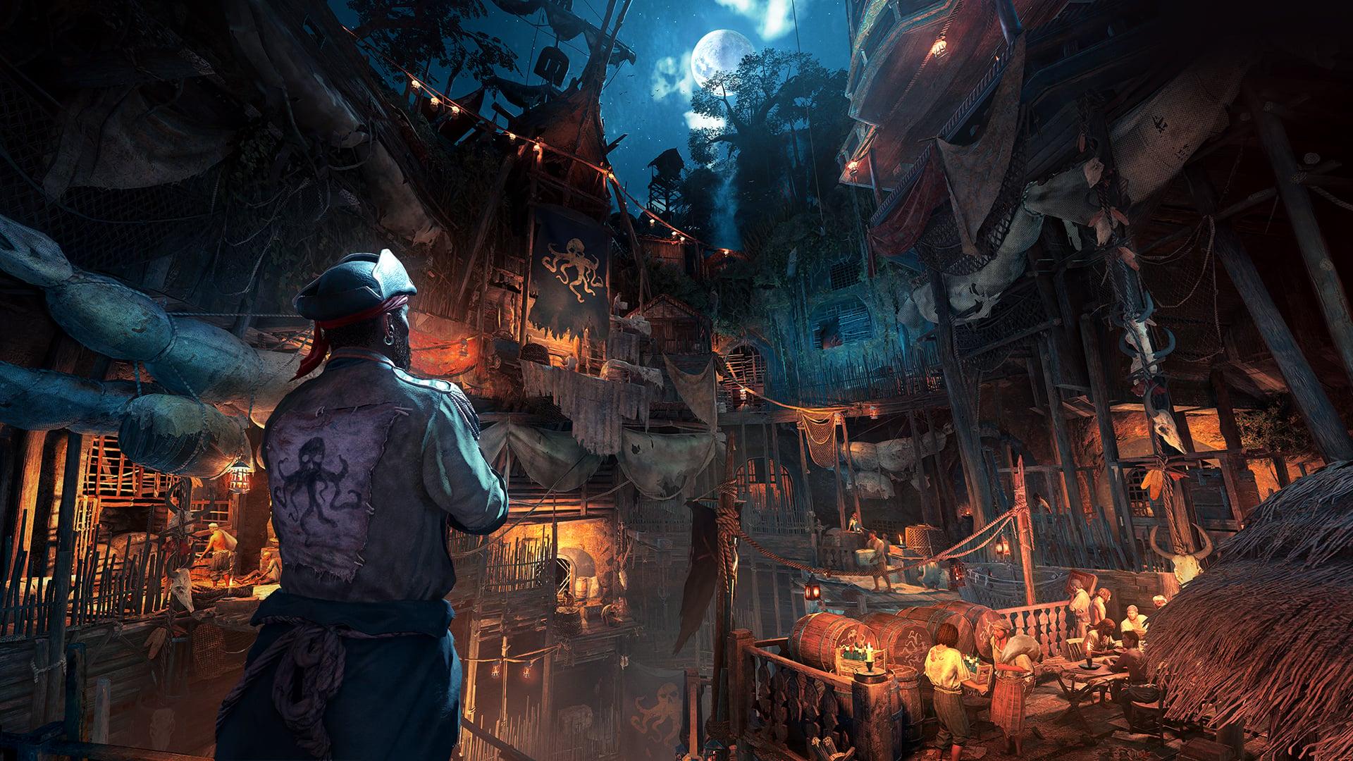 A pirate looks out on a tropical pirate hideout in Skull and Bones (2024), Ubisoft