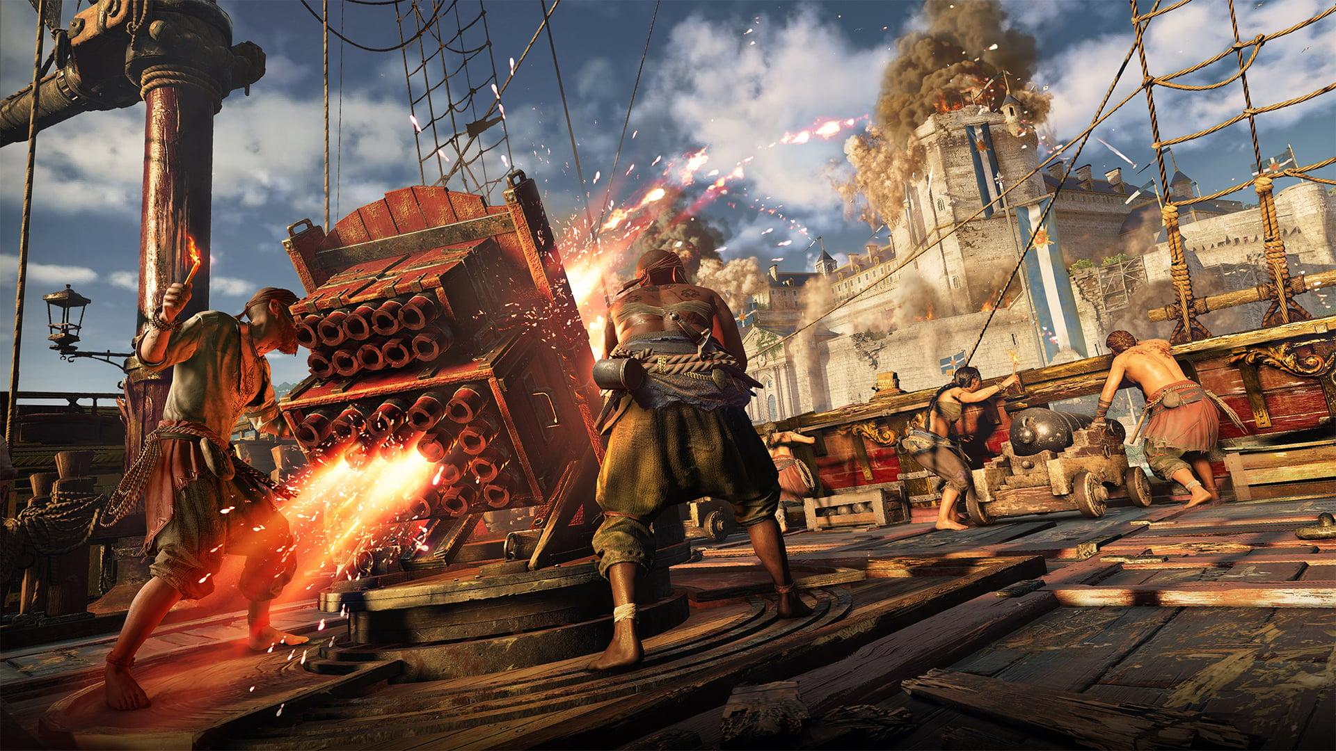Pirates bombard a fortress using an older form of rocket artillery in Skull and Bones (2024), Ubisoft