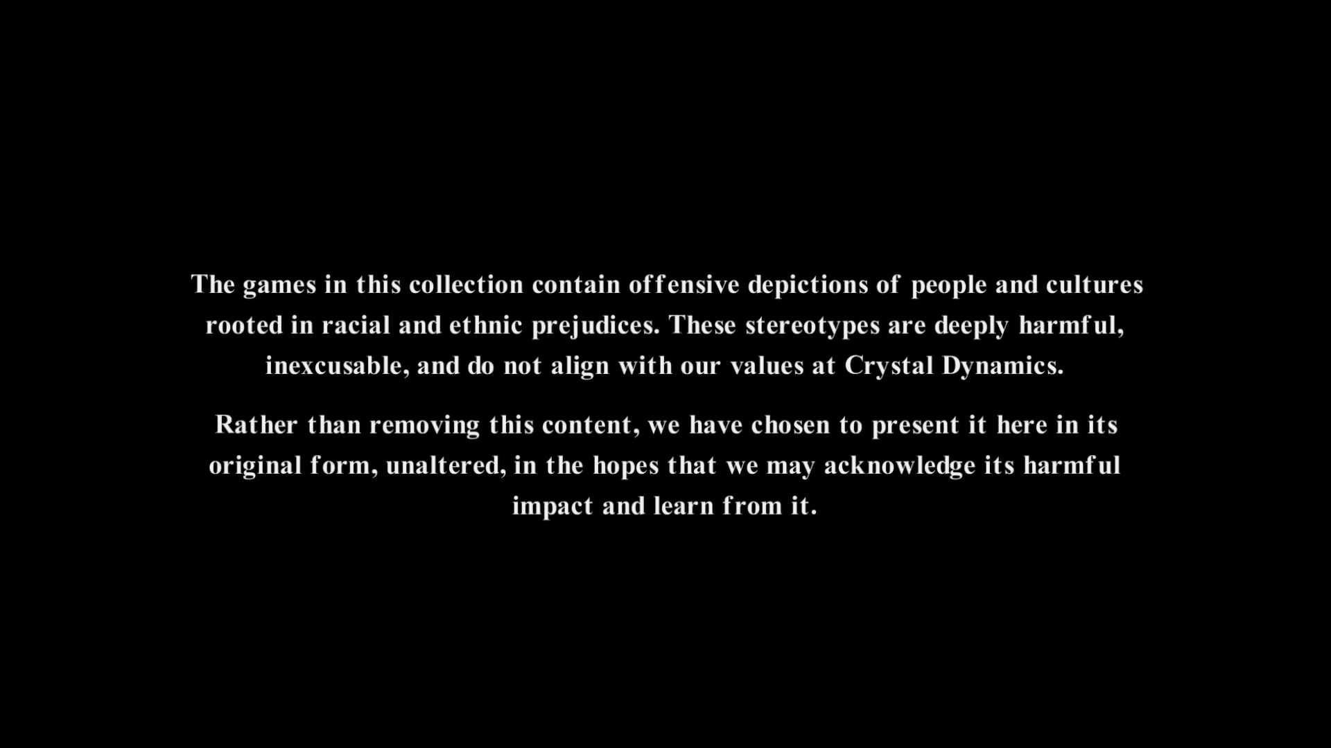 A content warning appears upon start-up in Tomb Raider I-III Remastered (2023), Crystal Dynamics