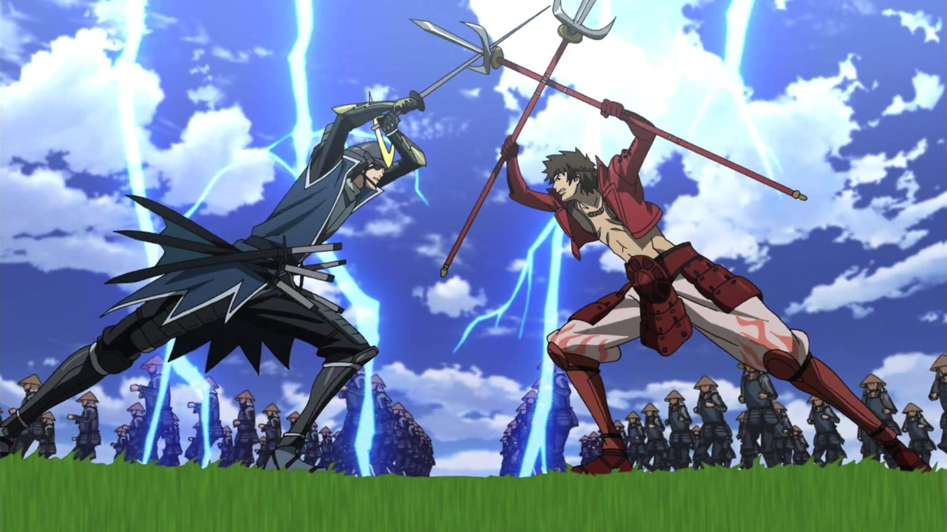 Masamune Date (Kazuya Nakai) and Kojuro Katakura (Toshiyuki Morikawa) come to blows in Sengoku Basra: Samurai Kings Season 1 Episode 6 "Bonds Torn Asunder - Mortifying Retreat for Masamune!" (2009), Production I.G.