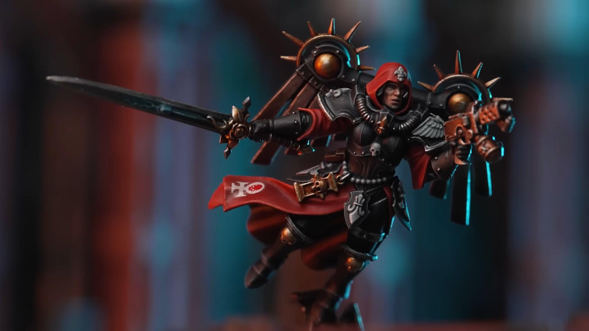 An Adepta Sororitas Cannoness descends upon the battlefield in Warhammer 40K (1987), Games Workshop