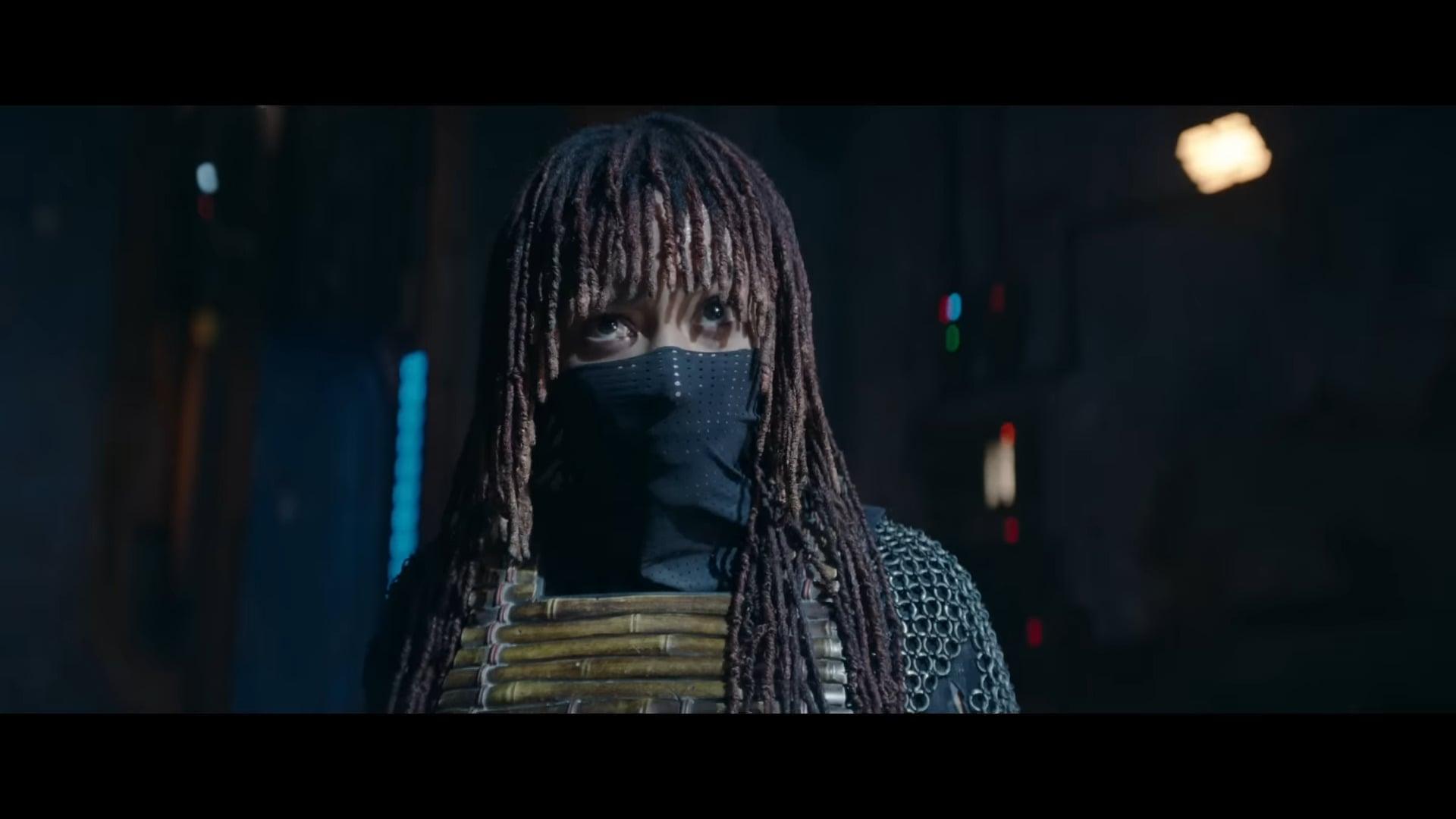 Mae (Amandla Stenberg) finds herself in the headlights of a passing airship in The Acolyte (2024), Disney