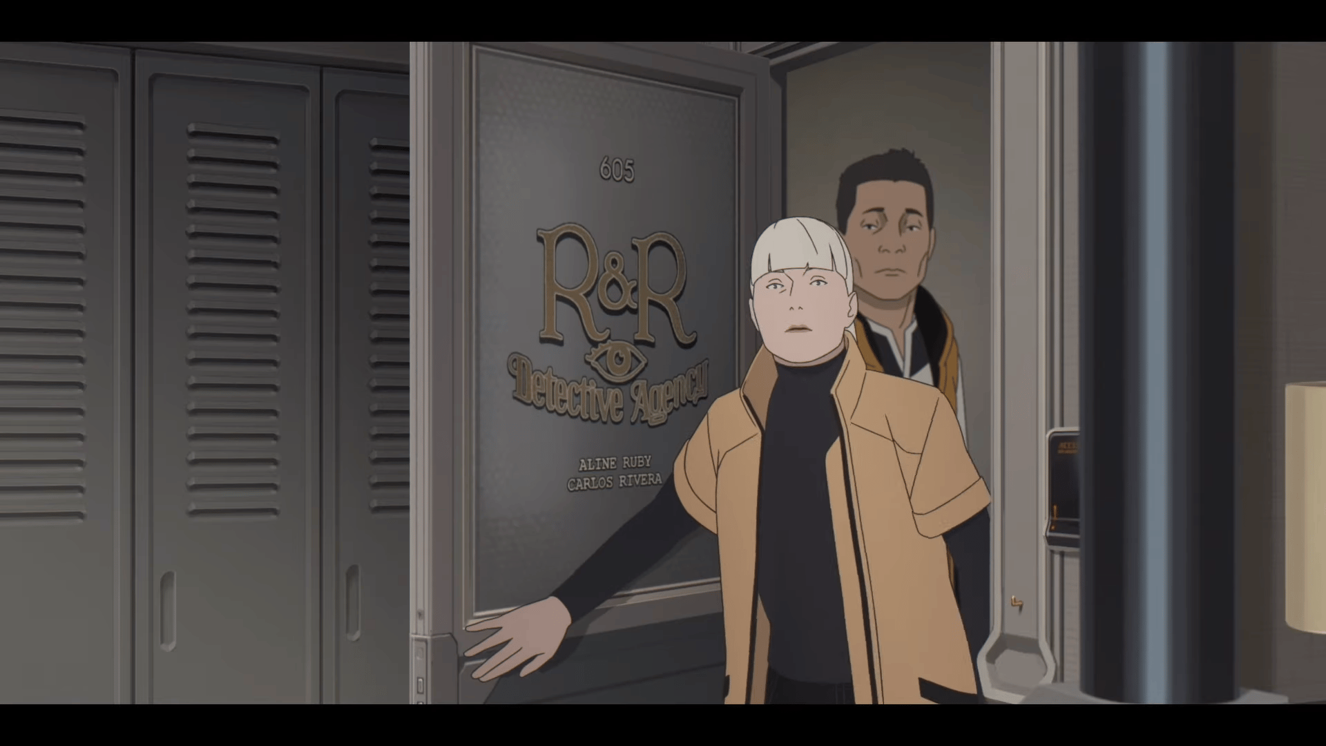 Aline (Léa Drucker/Morla Gorrondona) invites Jun's father (Serge Faliu) to her office in Mars Express (2023), GKIDS Films