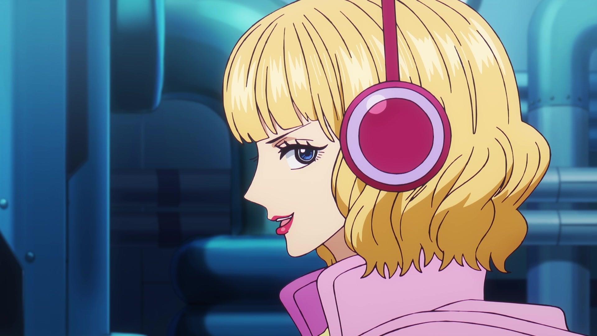 Stussy (Mami Kingetsu) flashes a smile in One Piece Episode 1107 "A Shudder! The Evil Hand Creeping Up on the Laboratory" (2024), Toei Co. Ltd.
