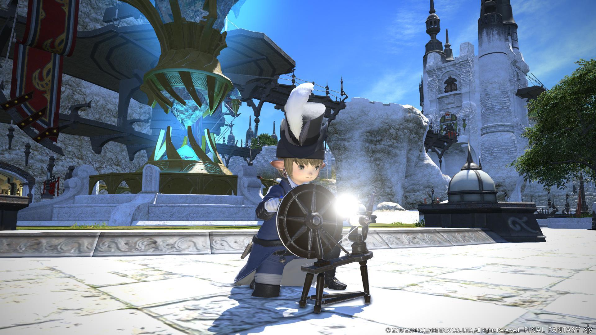 A Lalafell Weaver works at their spinning wheel in Final Fantasy XIV: A Realm Reborn (2013), Square Enix
