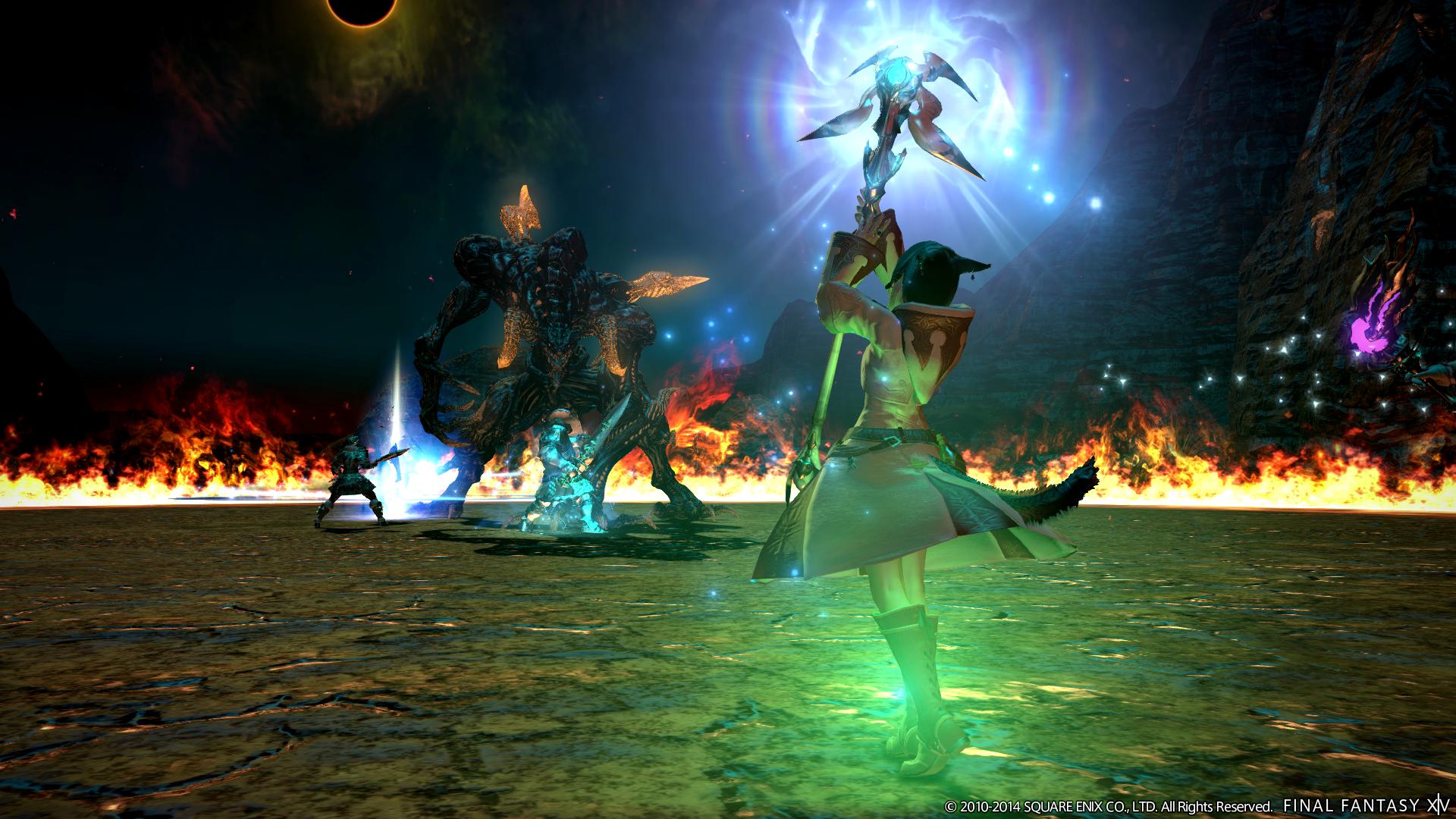 A Miqo'te White Mage uses the Relic weapon Thyrus to heal her allies as they fight Ifrit in Final Fantasy XIV: A Realm Reborn (2013), Square Enix