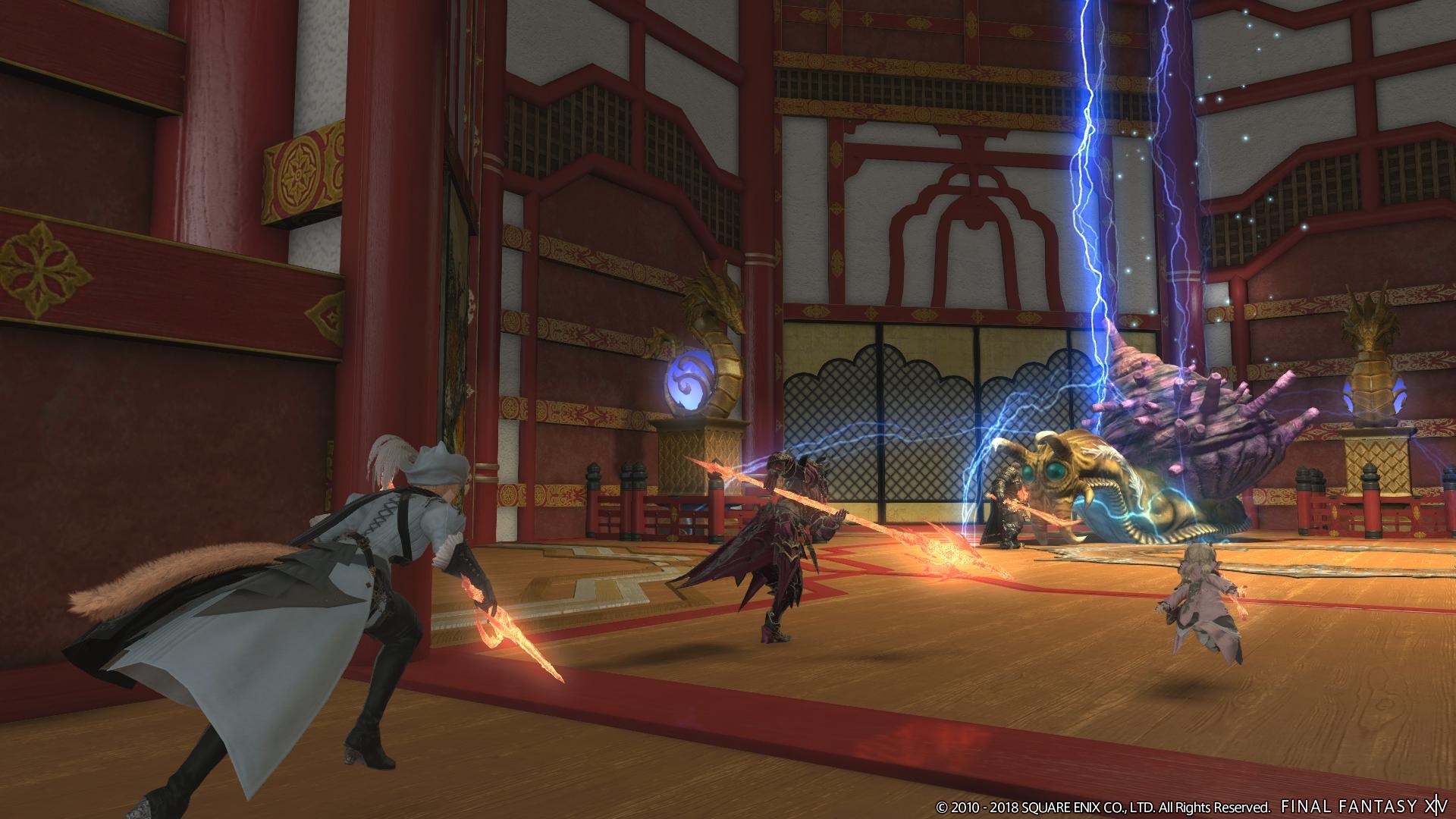 Adventurers rush to help their ally within the halls of Heaven-on-High in Final Fantasy XIV: Stormblood (2017), Square Enix