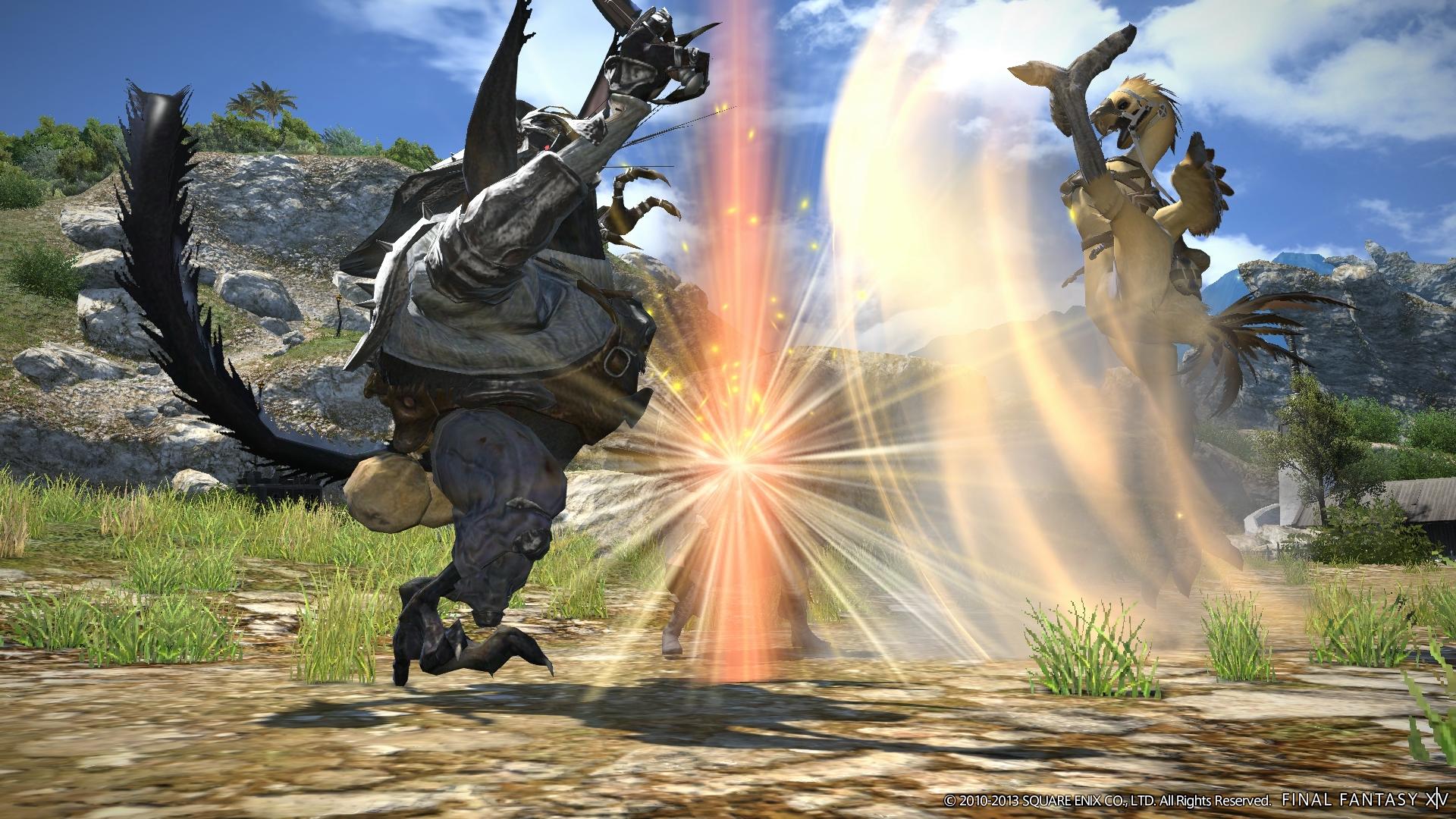 A companion Chocobo delivers a blistering Choco Kick to a Kobold in Final Fantasy XIV: A Realm Reborn (2013), Square Enix