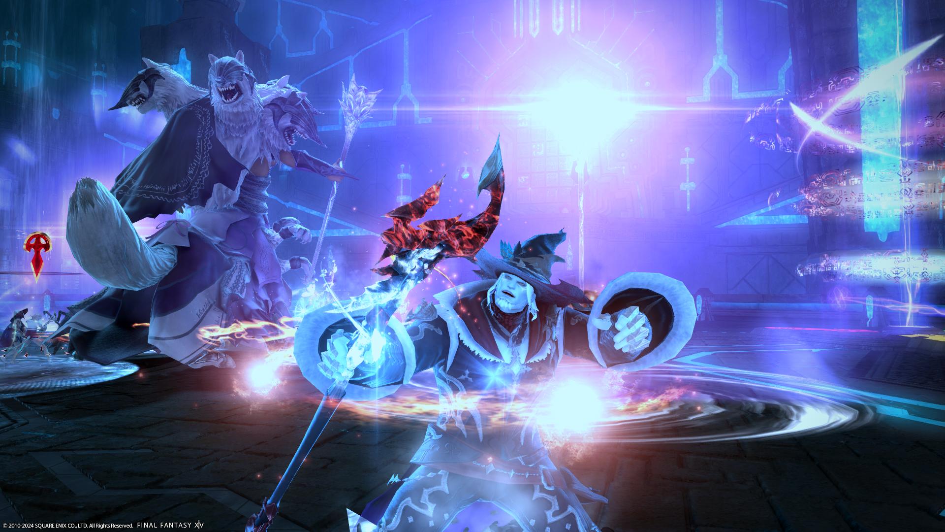 A Roegadyn Black Mage, frozen while Scylla assaults his allies in Final Fantasy XIV: Endwalker (2021), Square Enix