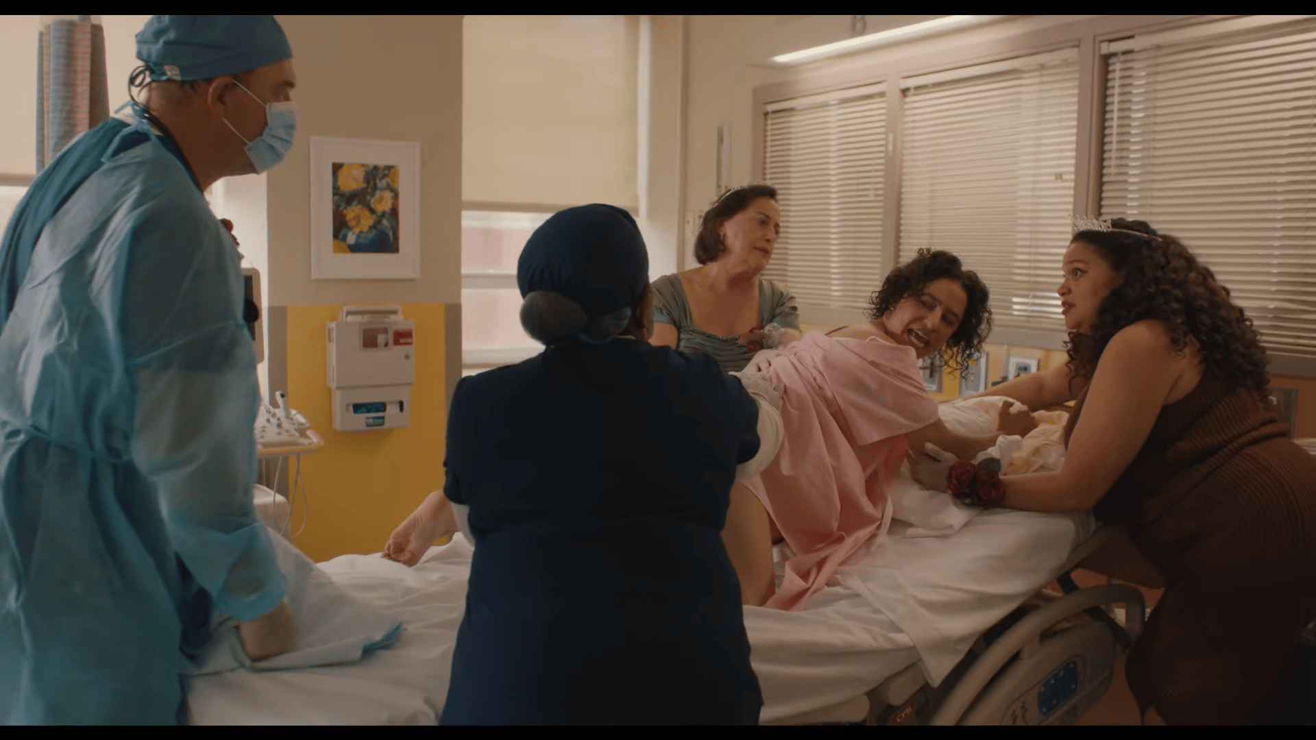 John Carroll Lynch as Dr. Morris, Elena Ouspenskaia as Dragana, Illana Grazer as Eden, and Michelle Buteau as Dawn in Babes (2024), FilmNation Entertainment