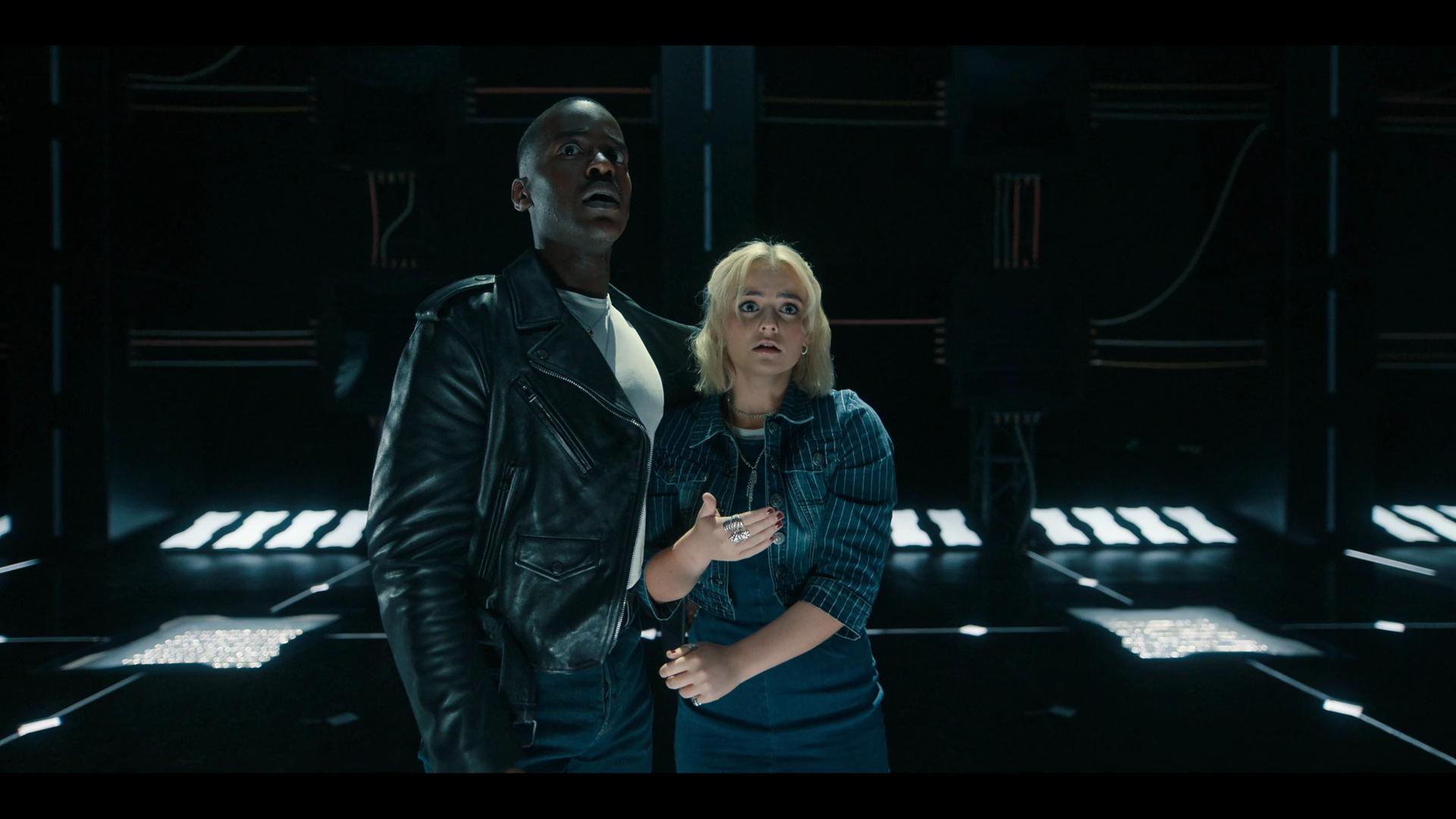The Doctor (Ncuti Gatwa) and Ruby (Millie Gibson) emerge from a time window in Doctor Who Series 14 Episode 7 "The Legend of Ruby Sunday" (2024), BBC