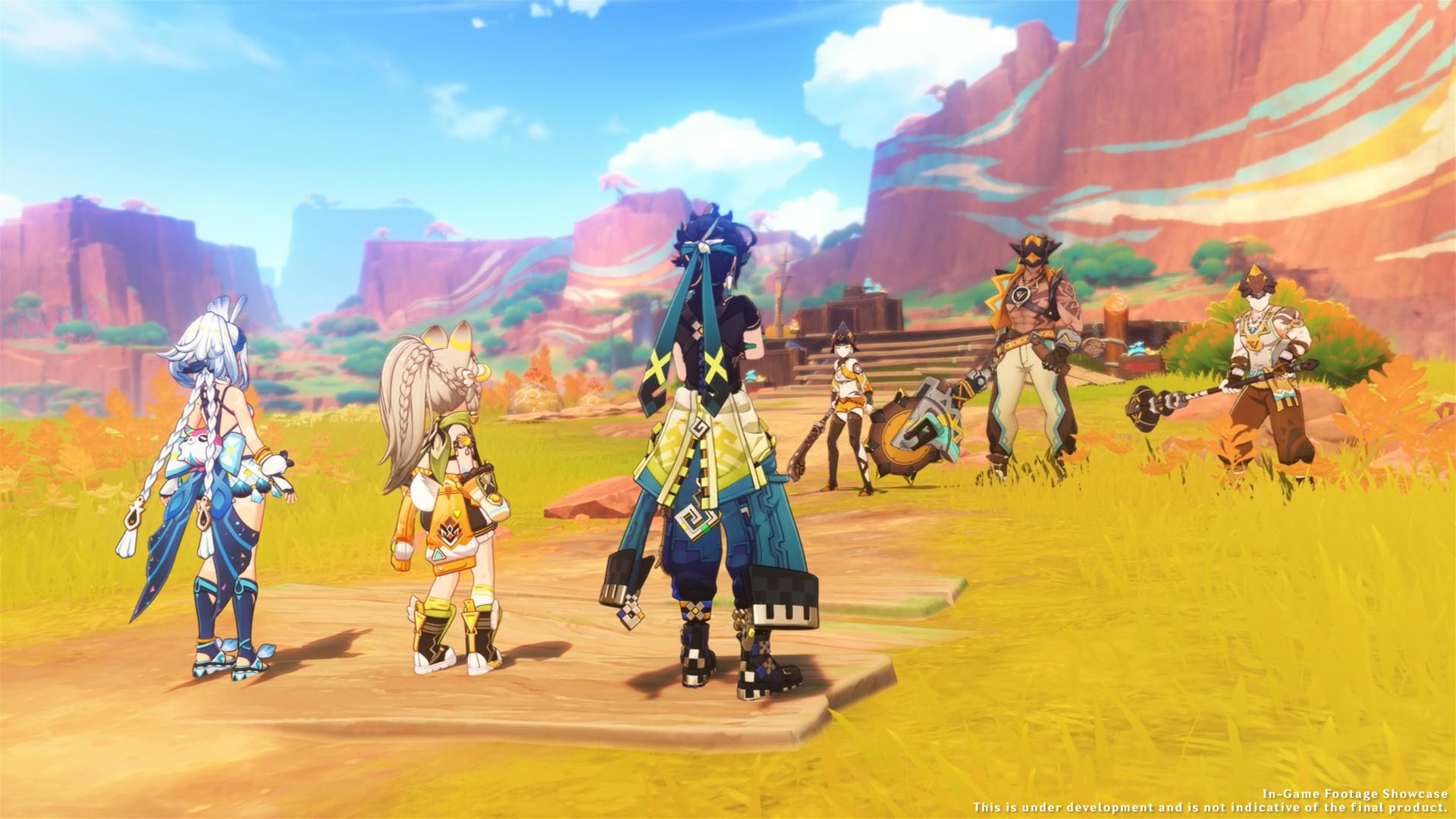 Mualani (Toyama Nao), Kachina (Kubo Yurika), and Kinich (Sugiyama Noriaki), face down a trio of rough-looking characters in Genshin Impact (2020), miHoYo