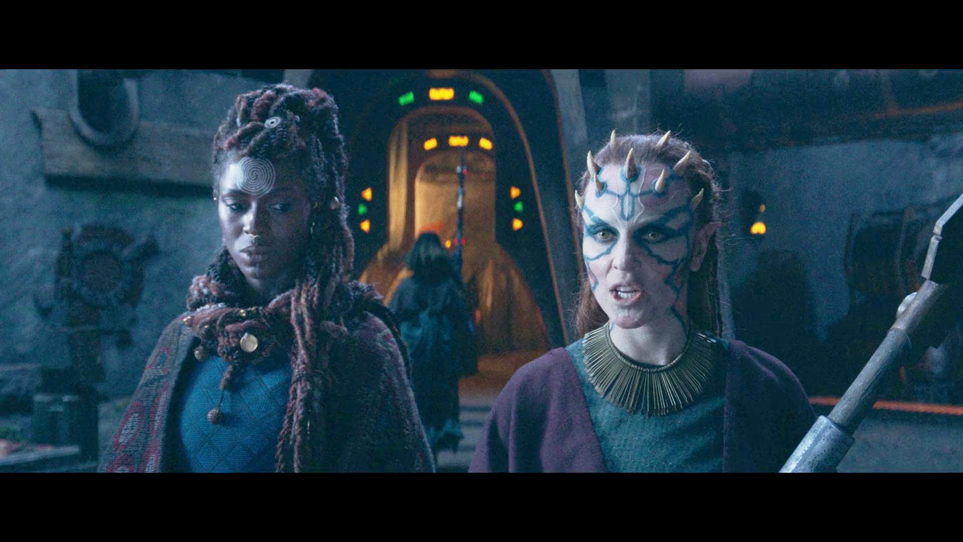 Aniseya (Jodie Turner-Smith) and Koril (Margarita Levieva) prepare to defend their coven from the Jedi in The Acolyte Season 1 Episode 7 "Choice" (2024), Disney